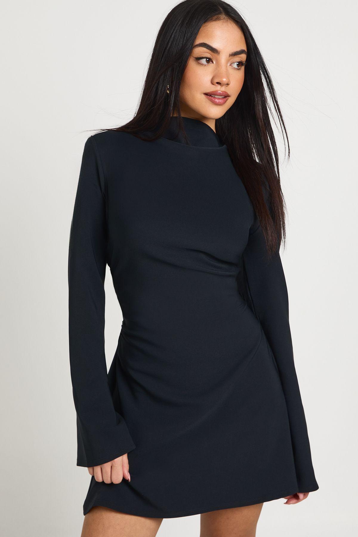 Long Sleeve Ruched High Neck Shift Dress by BOOHOO