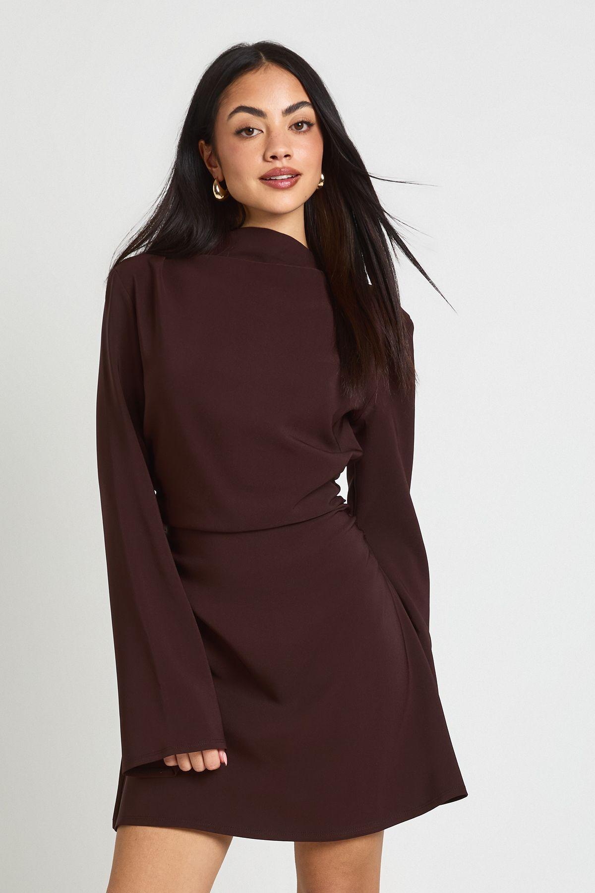 Long Sleeve Ruched High Neck Shift Dress by BOOHOO
