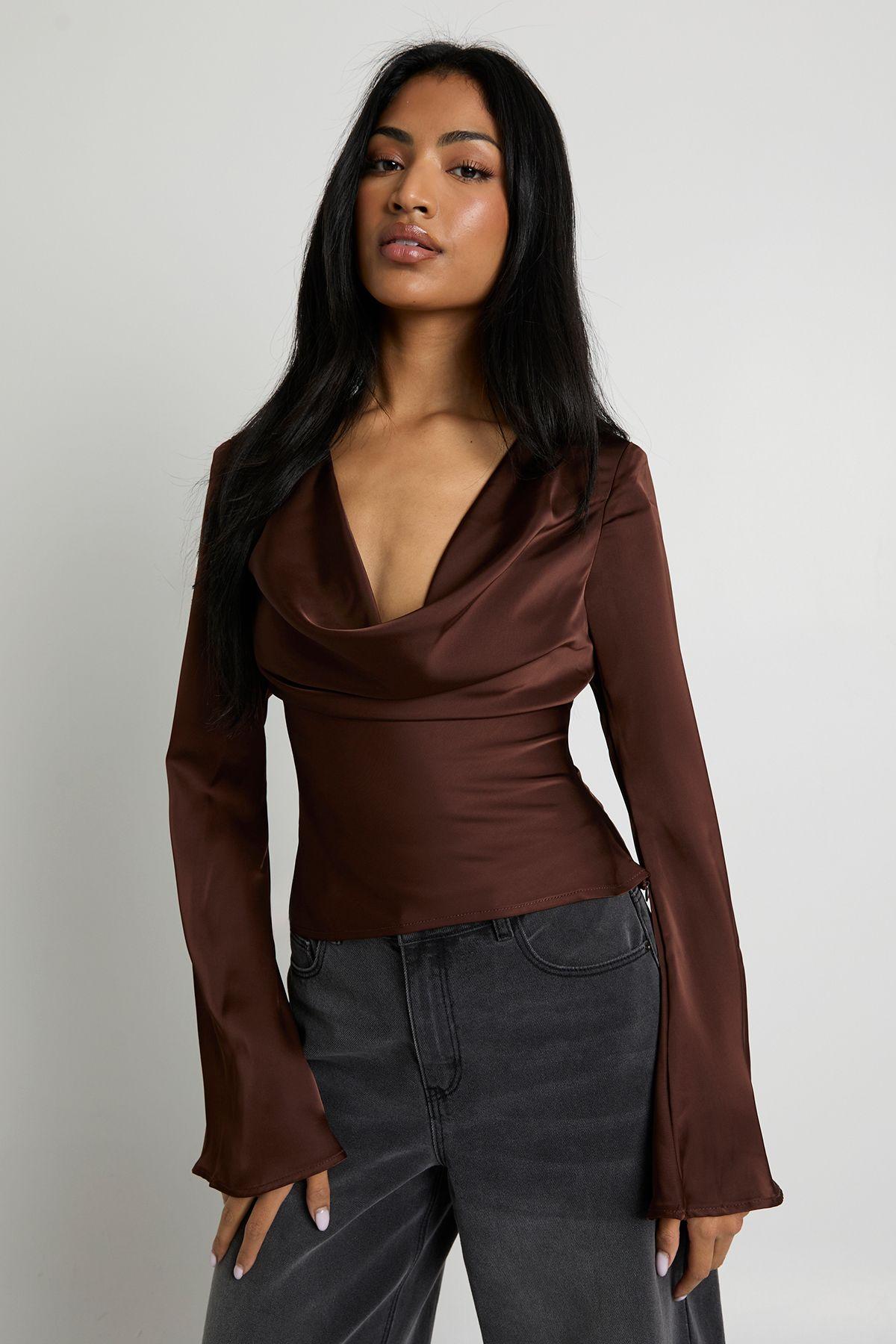 Long Sleeve Satin Cowl Neck Top by BOOHOO