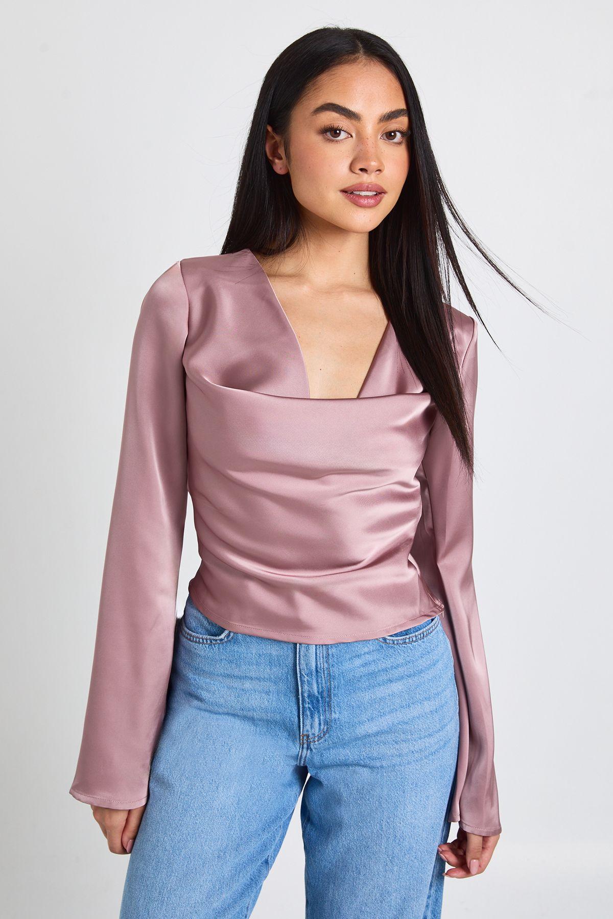 Long Sleeve Satin Cowl Neck Top by BOOHOO