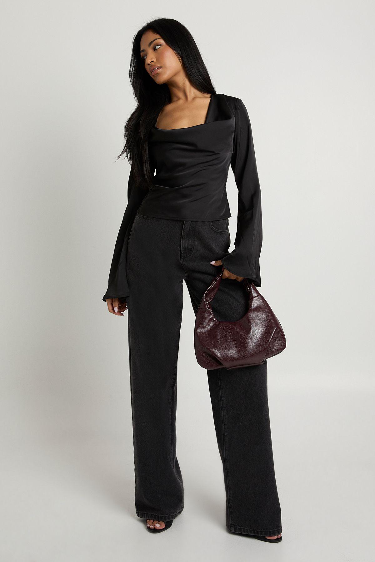 Long Sleeve Satin Cowl Neck Top by BOOHOO