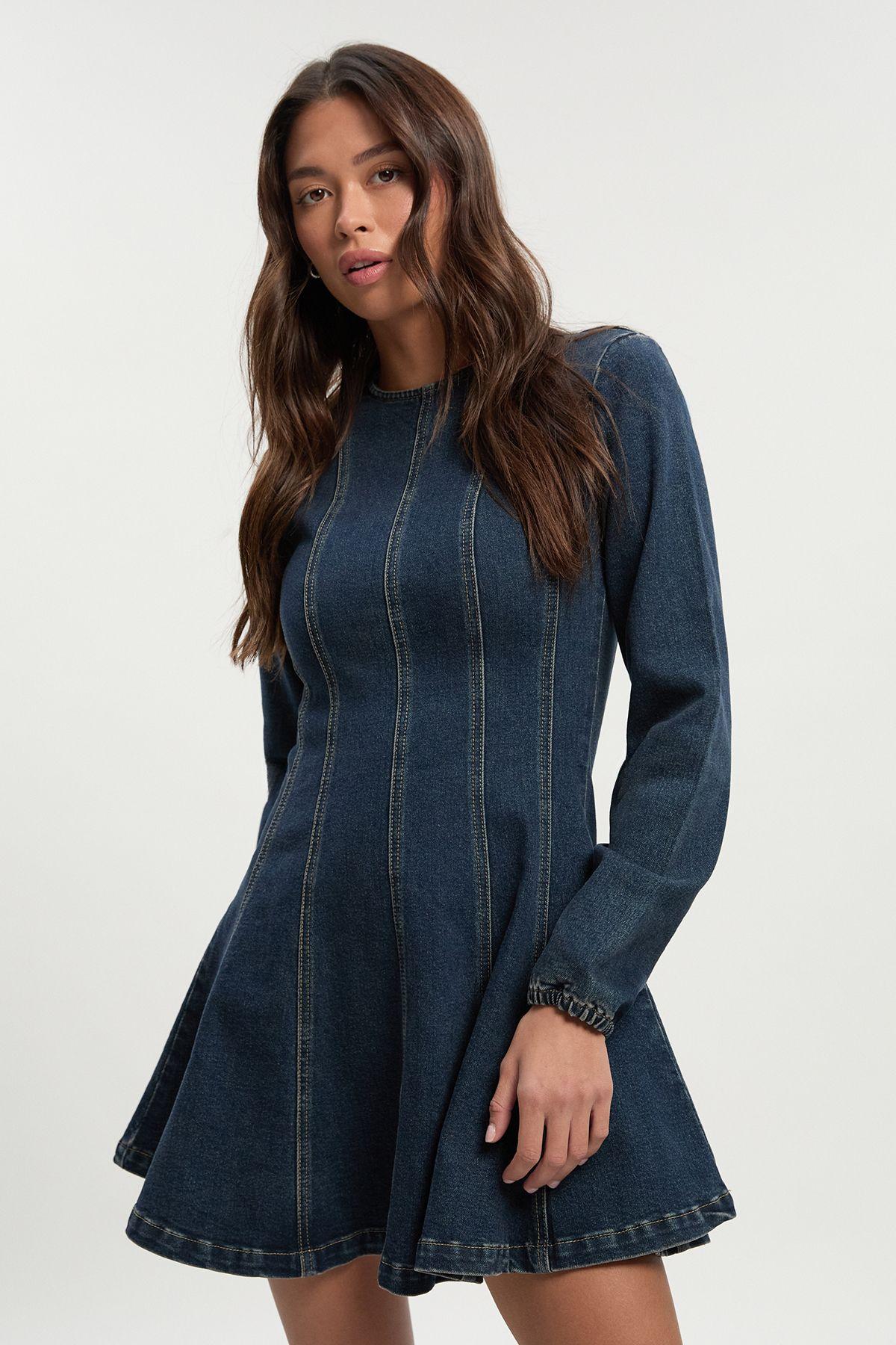 Long Sleeve Seam Detail Denim Dress by BOOHOO