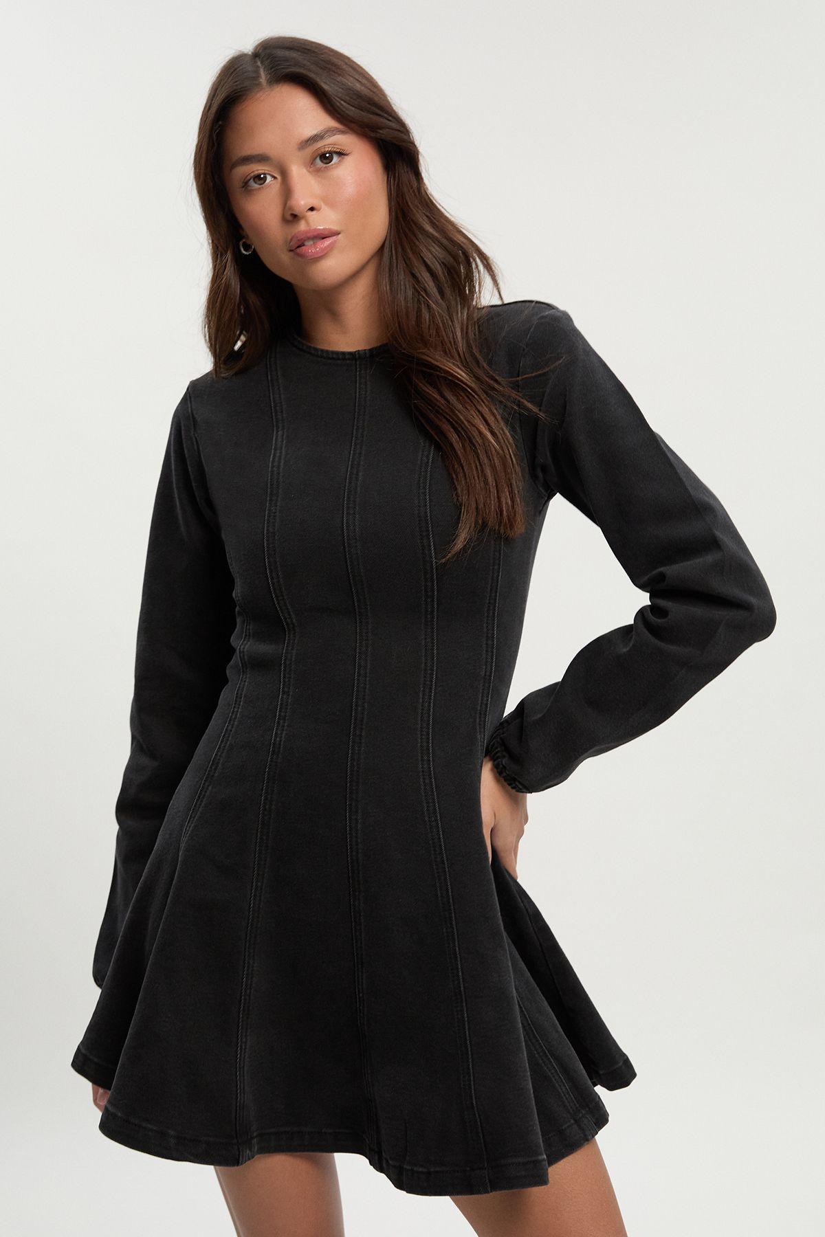 Long Sleeve Seam Detail Denim Dress by BOOHOO Long Sleeve Seam Detail Denim Dress by BOOHOO