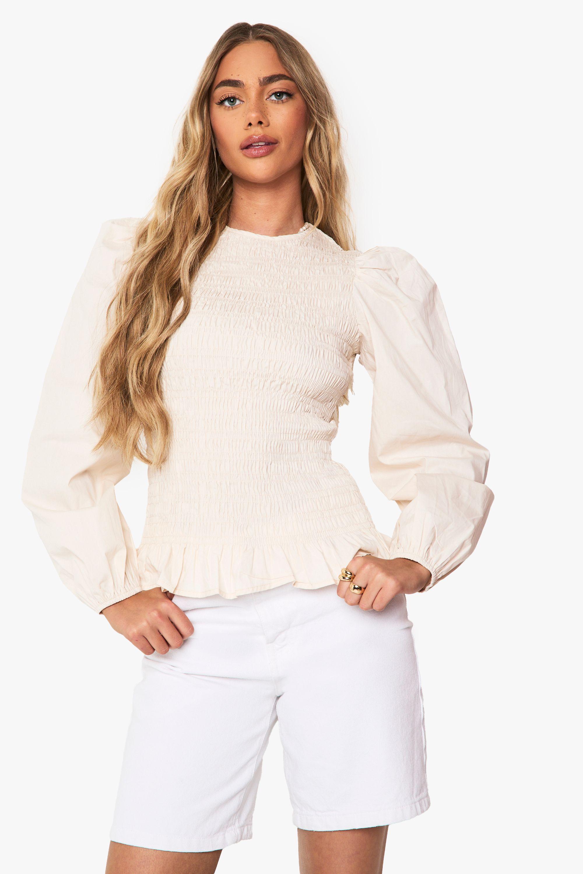 Long Sleeve Shirred Frill Hem Top by BOOHOO