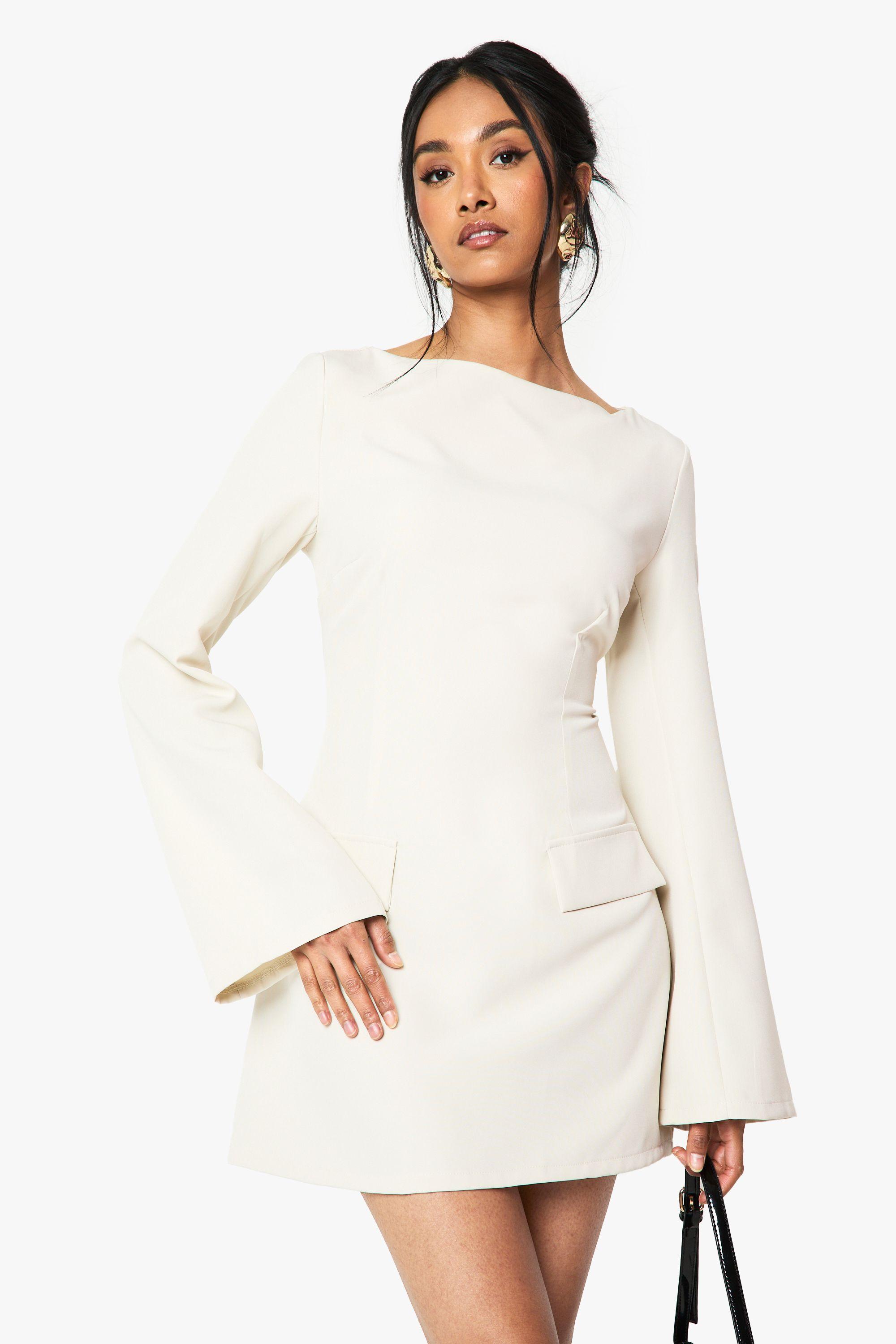 Long Sleeve Slash Neck Tailored Mini Dress by BOOHOO