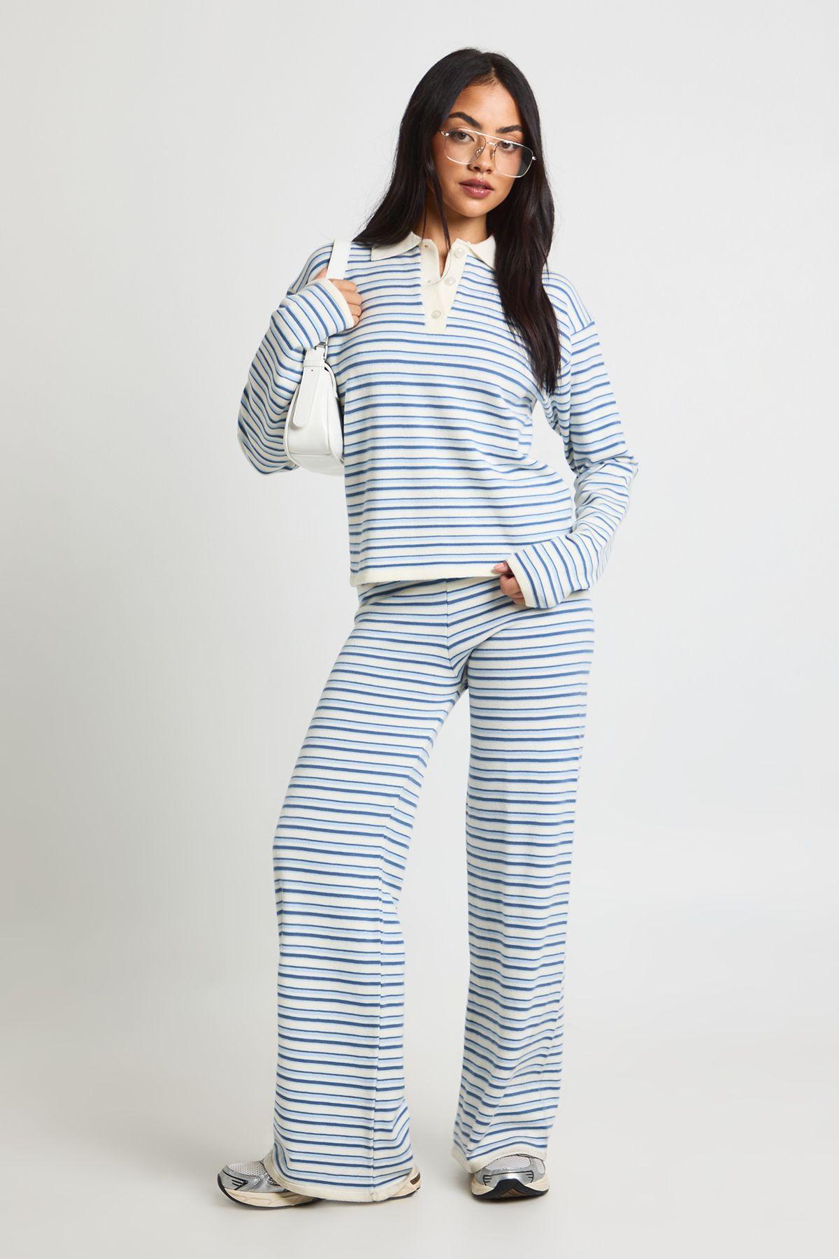 Long Sleeve Stripe Knitted Polo Top and Trouser by BOOHOO Long Sleeve Stripe Knitted Polo Top and Trouser by BOOHOO