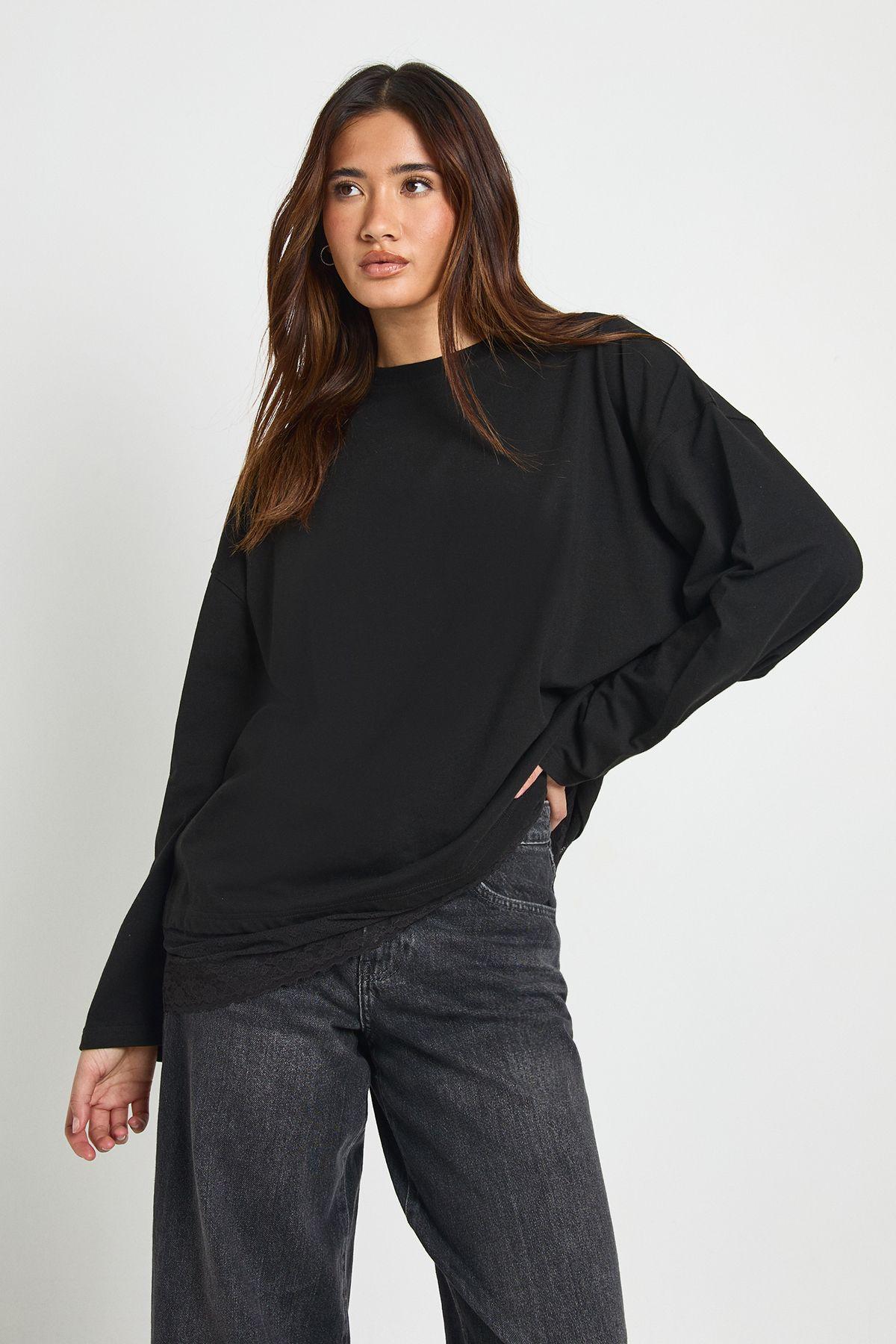 Long Sleeve T-shirt with Lace Hem Trim by BOOHOO
