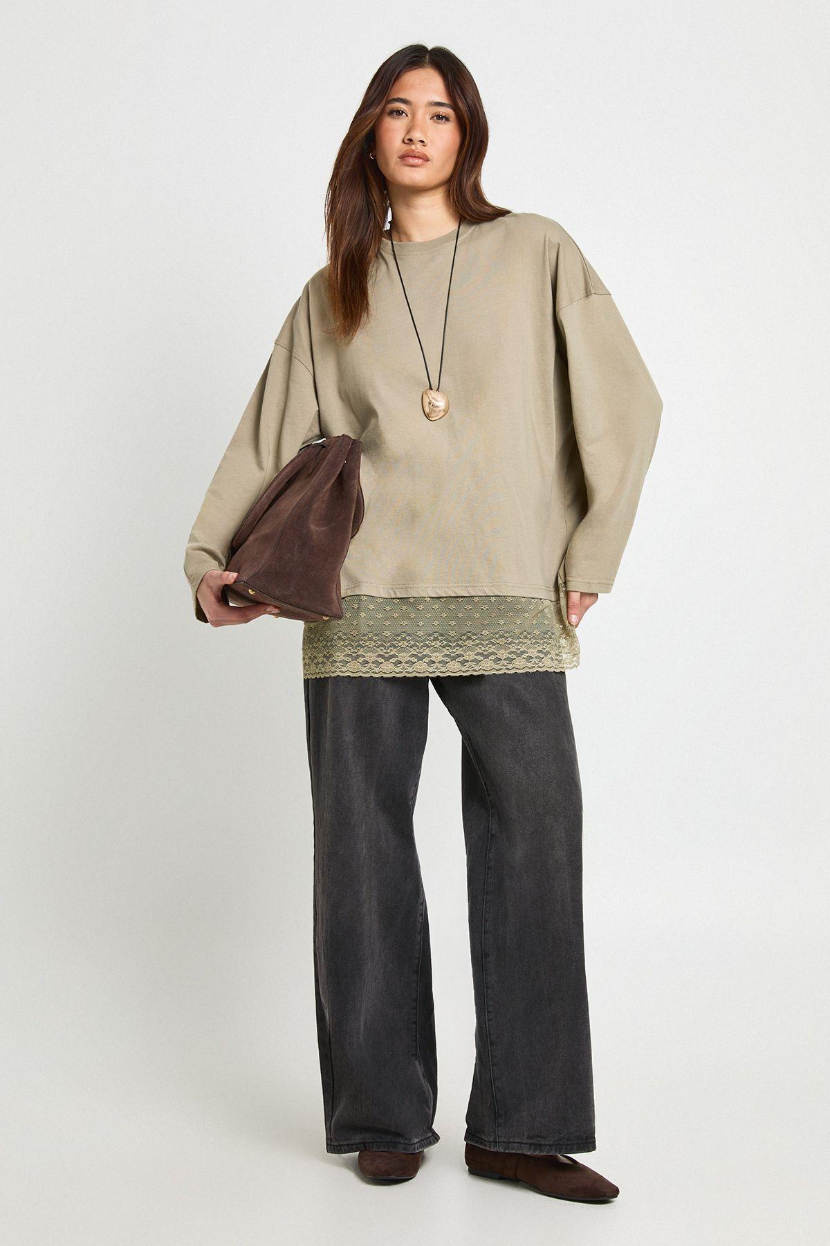 Long Sleeve T-shirt with Lace Hem Trim by BOOHOO