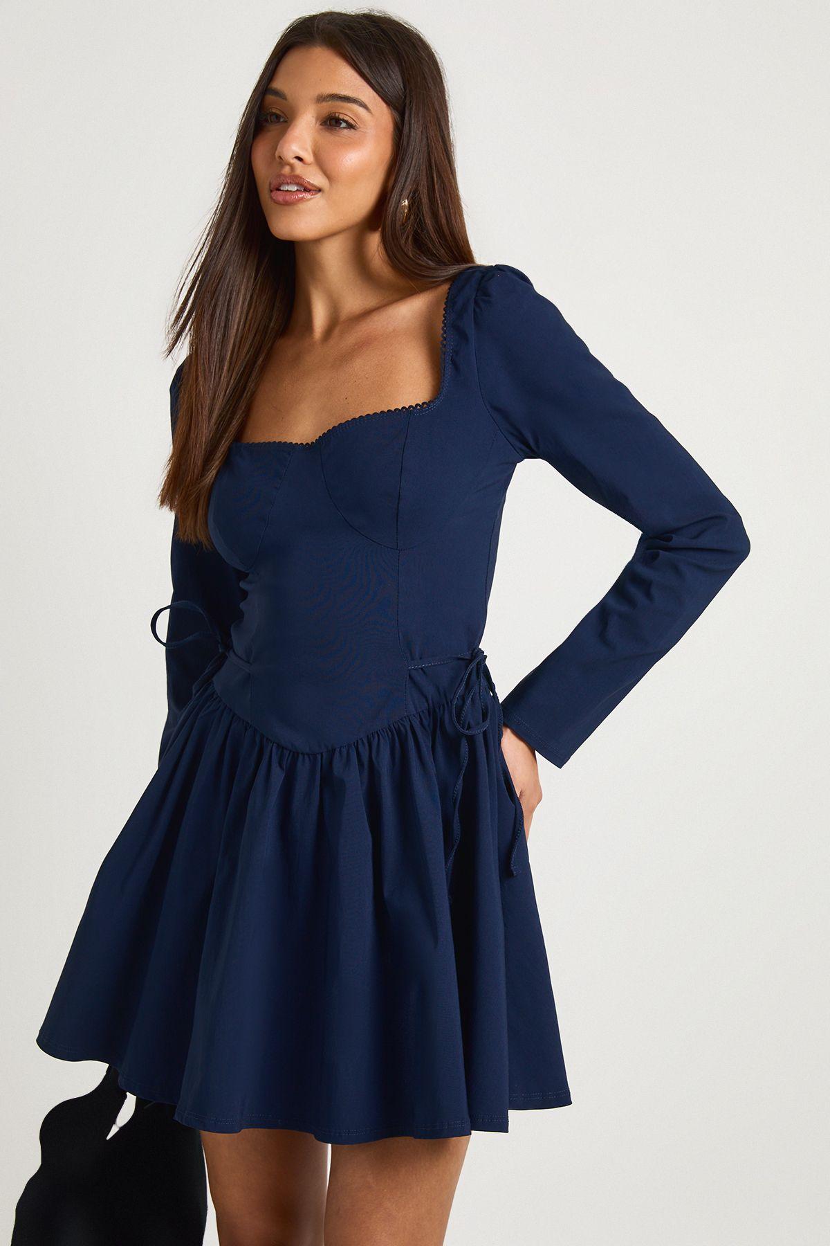 Long Sleeve Tie Waist Skater Mini Dress by BOOHOO