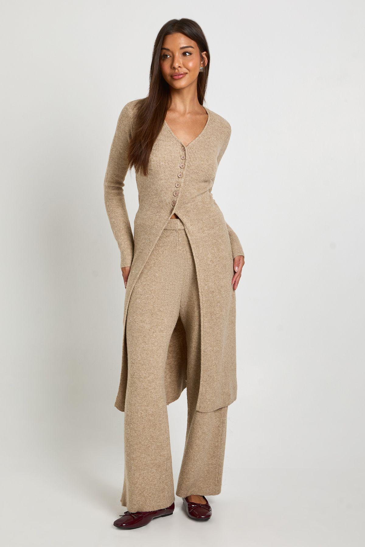 Longline Button Cardigan and Wide Leg Trouser Co-Ord by BOOHOO