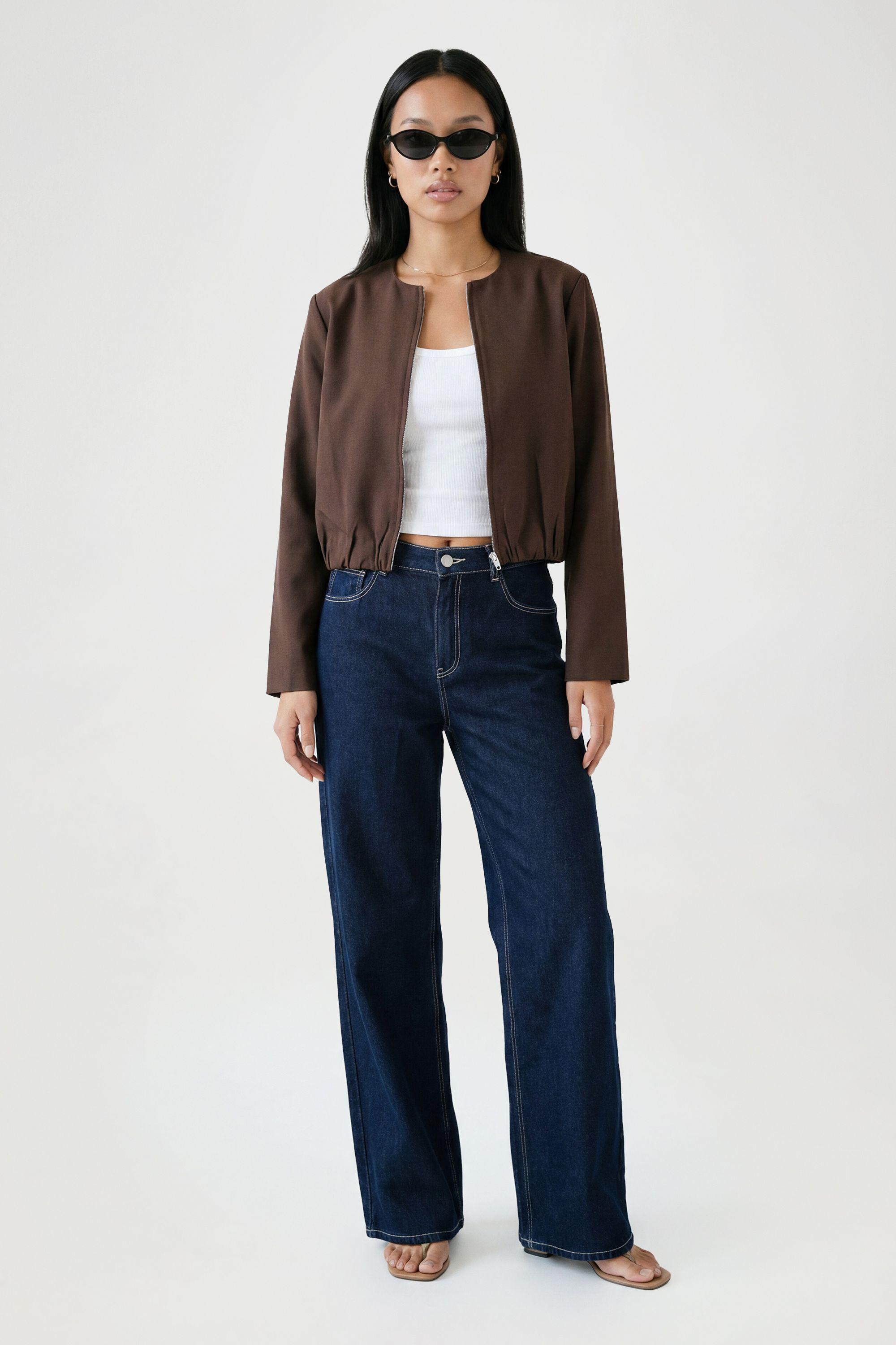 Longline Crop Zip Front Bomber Jacket by BOOHOO