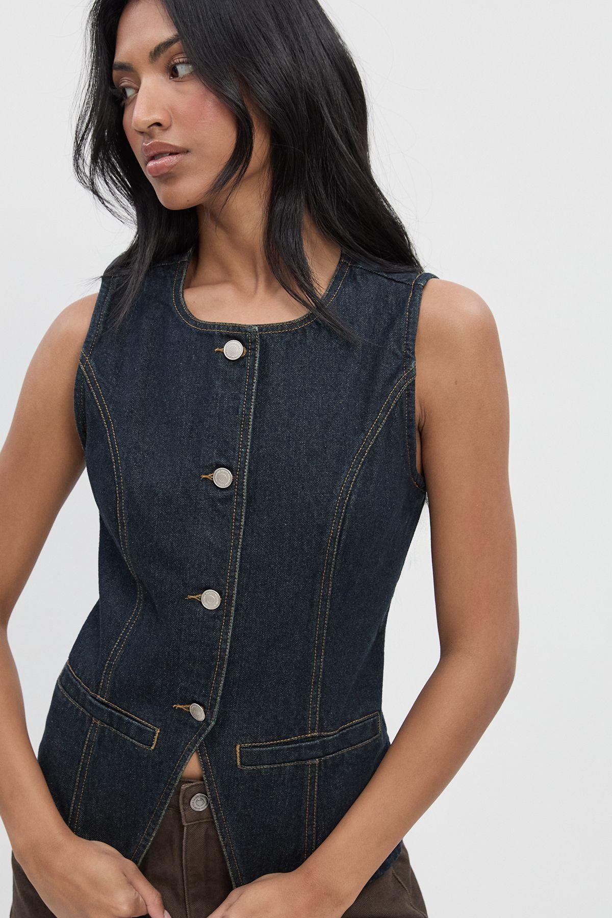 Longline Denim Waistcoat by BOOHOO