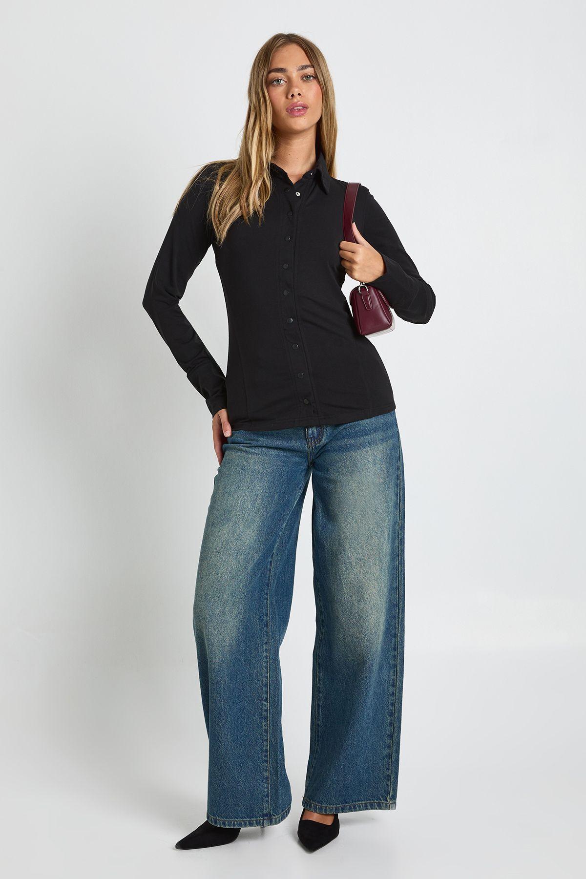 Longline Popper Detail Collared Top With Popper Cuffs by BOOHOO