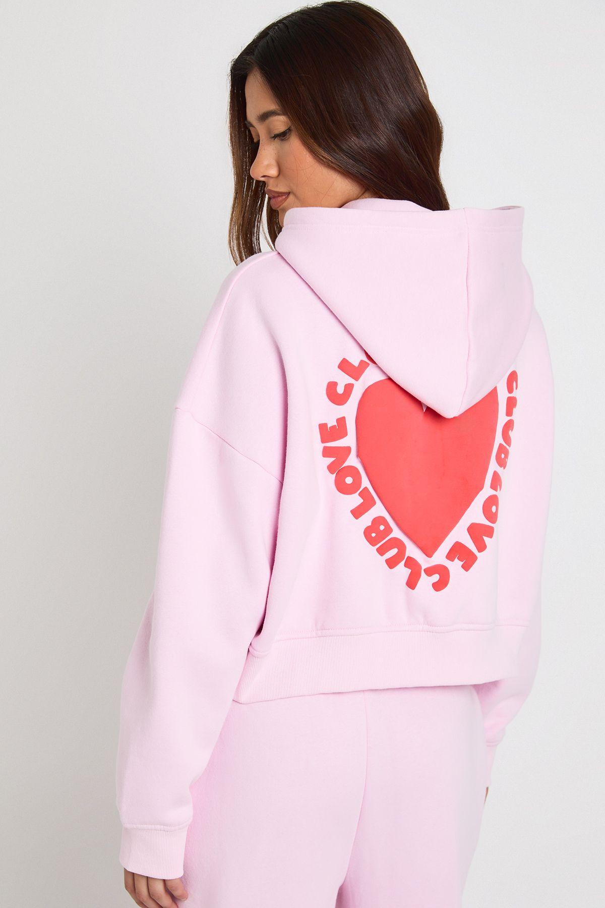 Love Club Puff Print Zip Through Boxy Hoodie by BOOHOO