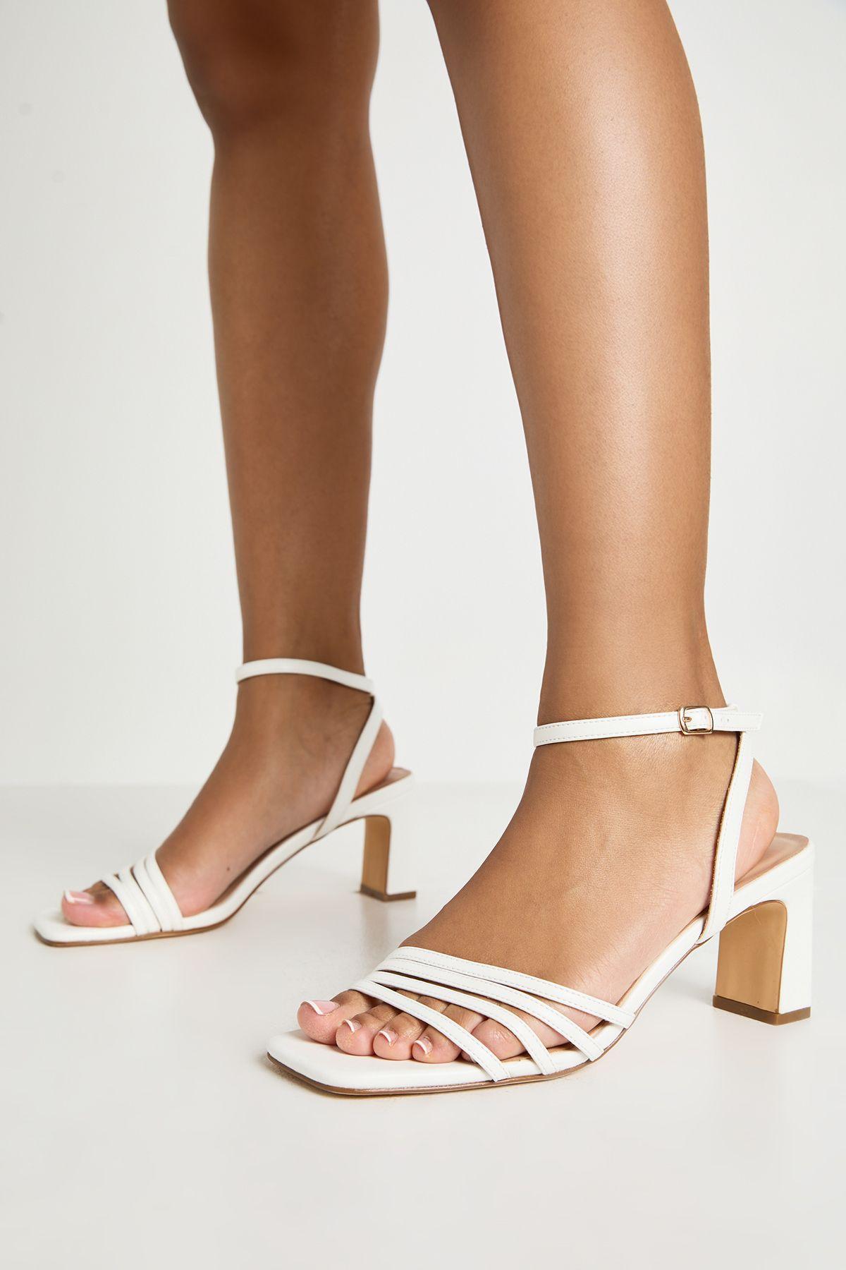Low Block Asymmetric Strappy Heels by BOOHOO