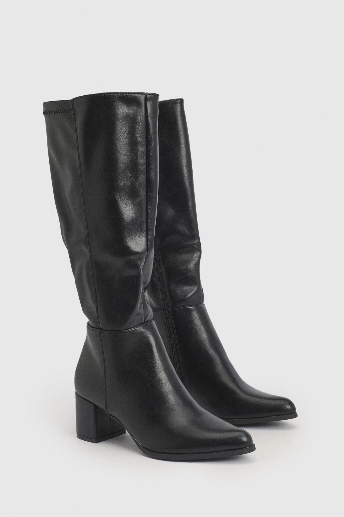 Low Block Heel Stretch Knee High Boots by BOOHOO