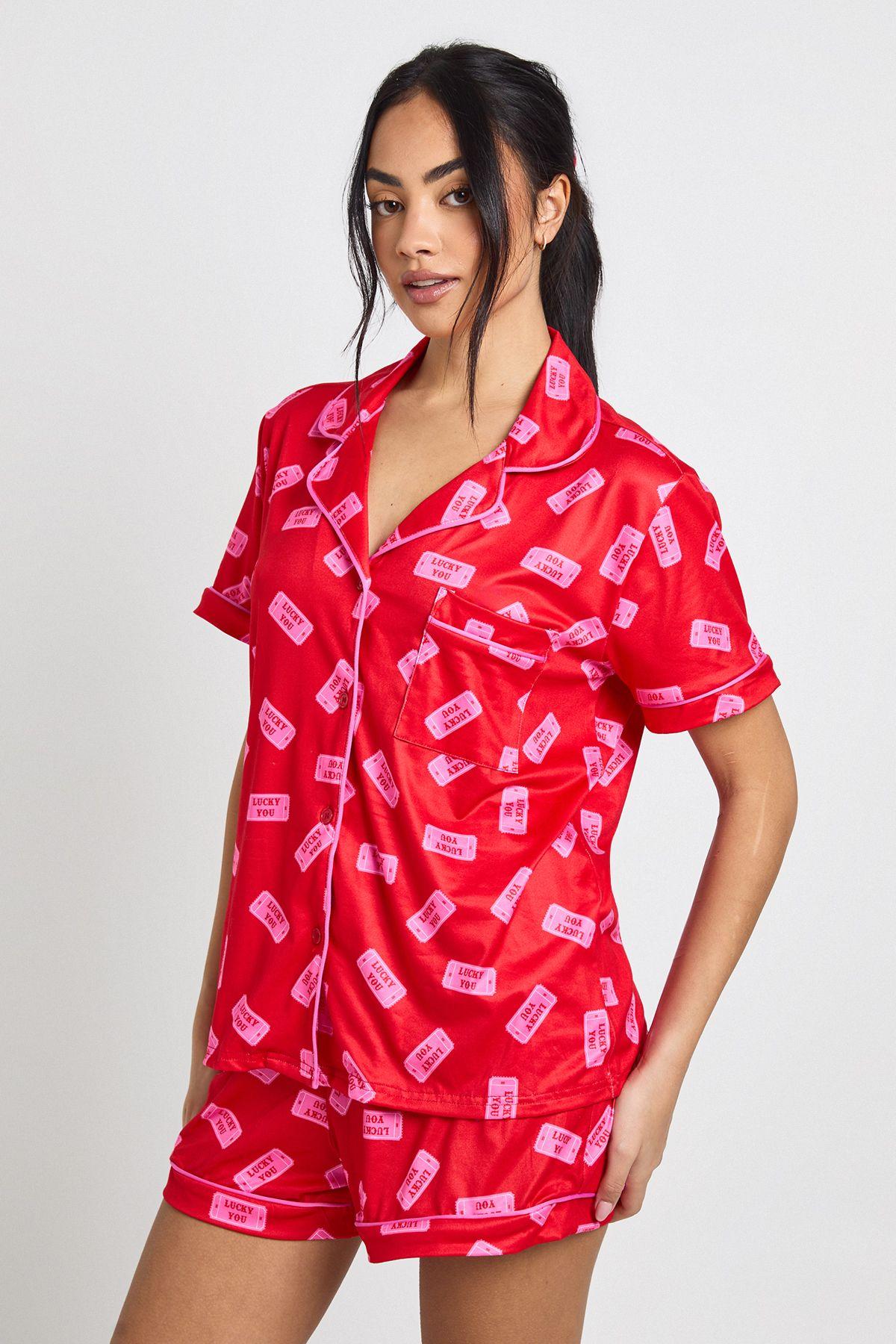 'Lucky You' Print Short Sleeve Shirt & Shorts 3 Piece Pyjama Set by BOOHOO