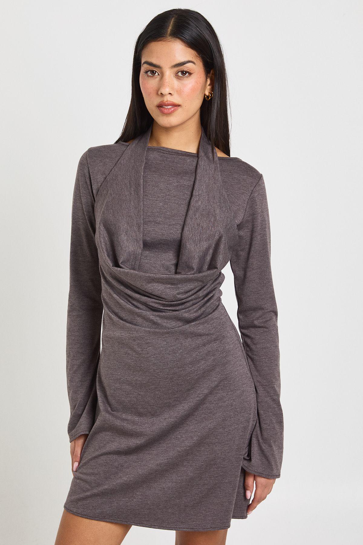 Marl Halterneck Cowl Long Sleeve Mini Dress by BOOHOO