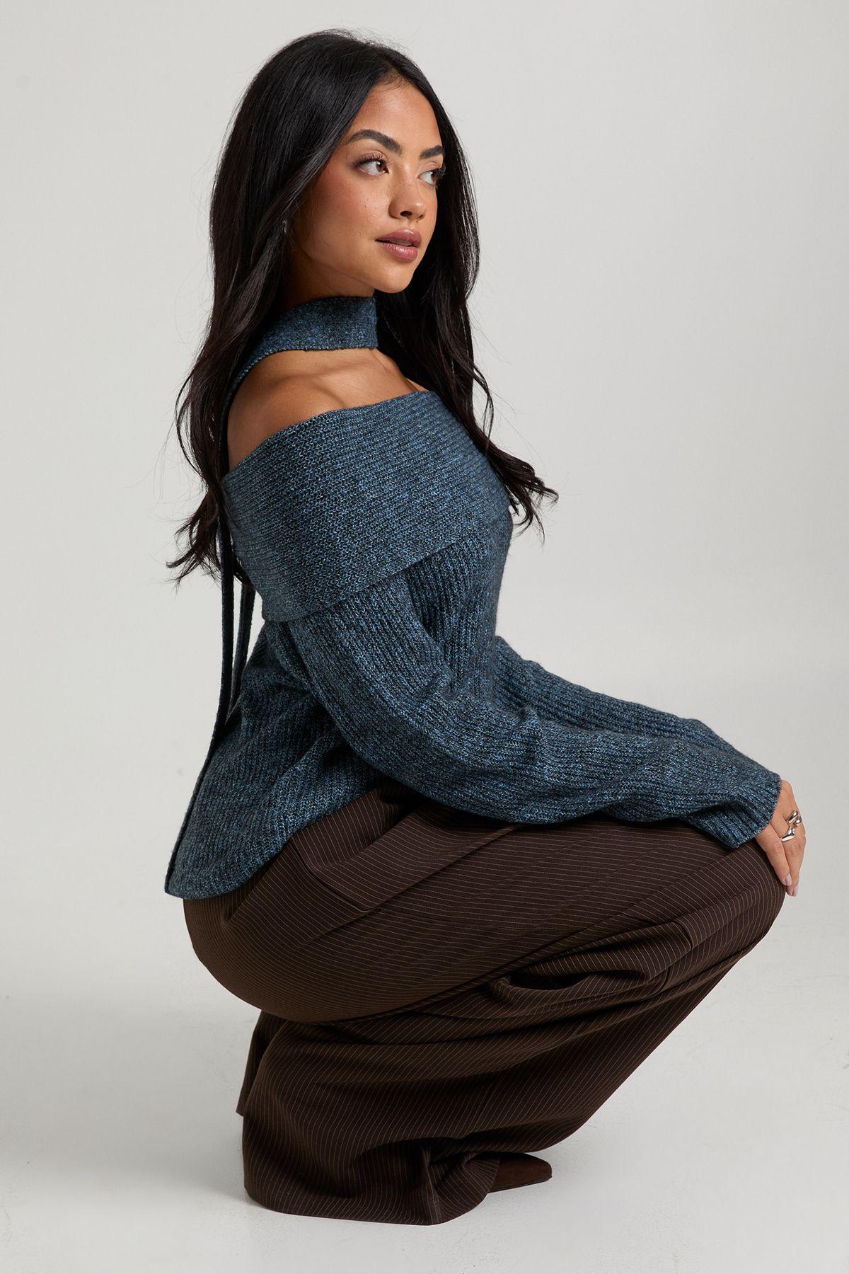 Marl Knit Oversized Bardot Jumper and Neck Tie by BOOHOO