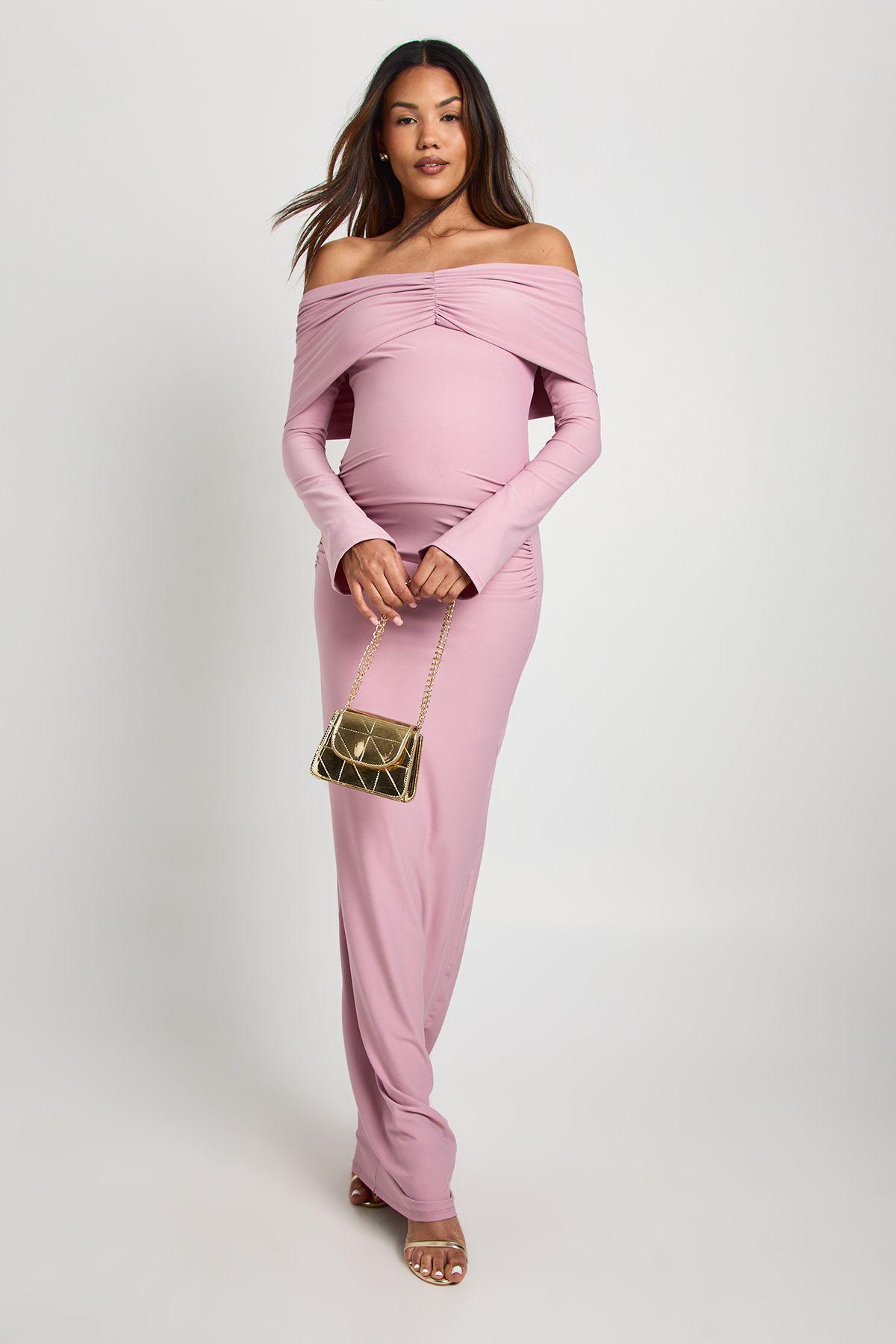 Maternity Bardot Ruched Flare Sleeve Maxi Dress by BOOHOO