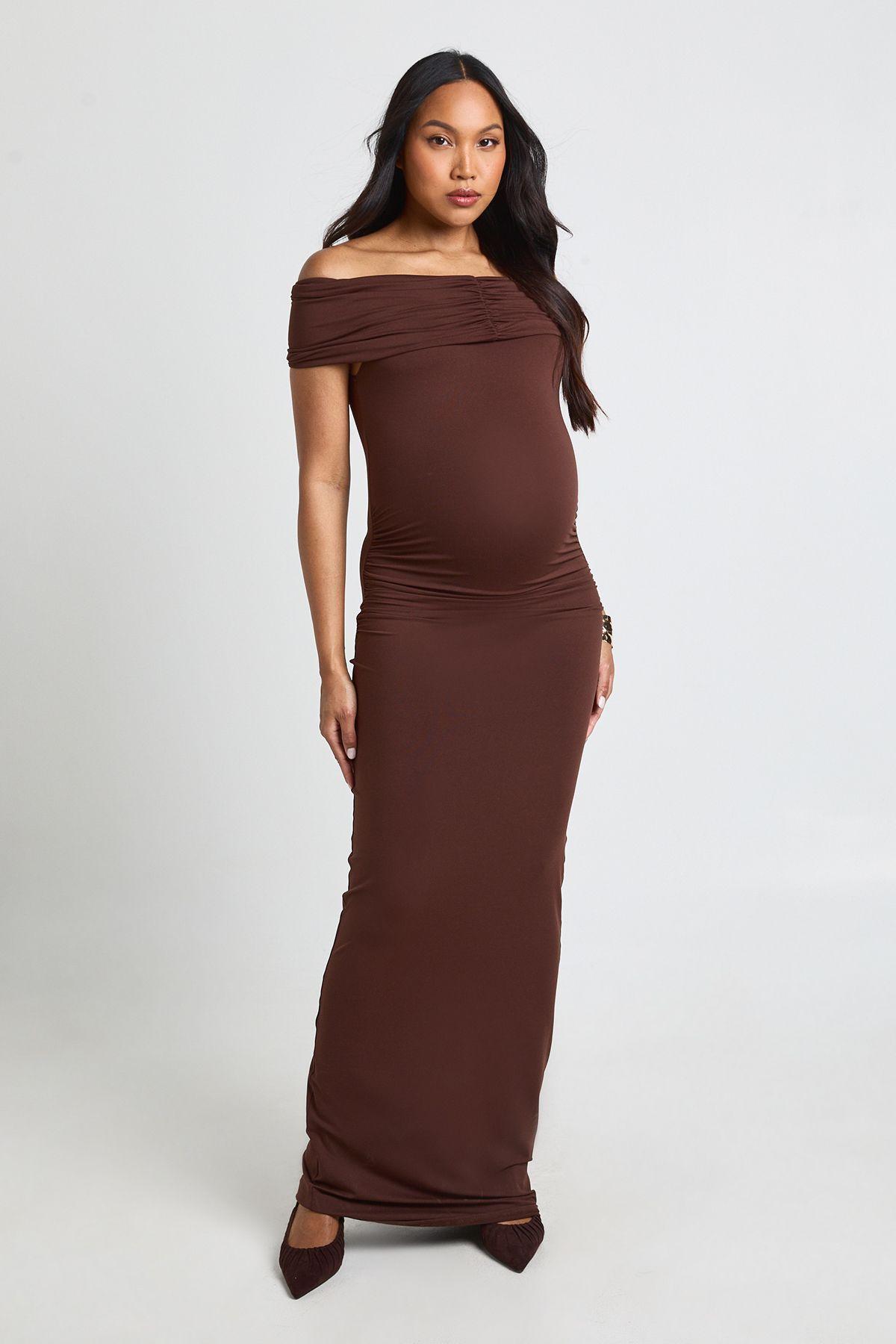 Maternity Bardot Ruched  Maxi Dress by BOOHOO