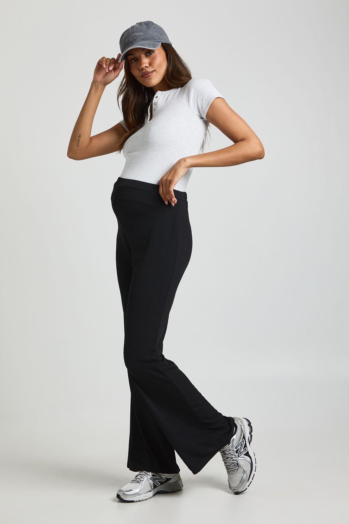 Maternity Basic Ribbed High Waisted Flare Trousers by BOOHOO