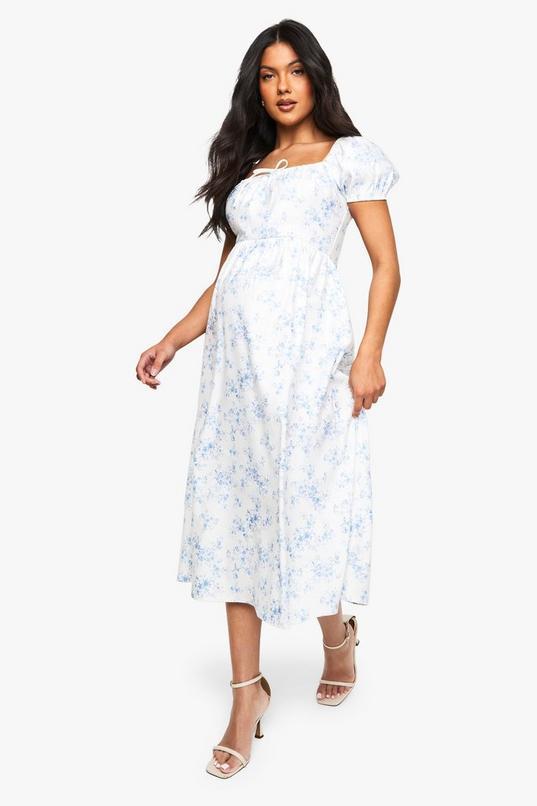 Maternity Bengaline Puff Sleeve Porcelain Print Milkmaid Midi Dress by BOOHOO