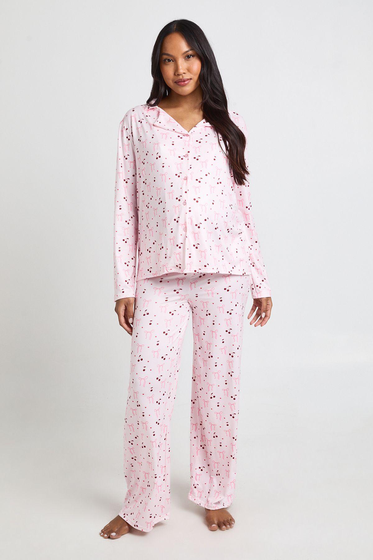 Maternity Bow And Heart Print Long Sleeve Shirt & Trouser Pyjama Set by BOOHOO