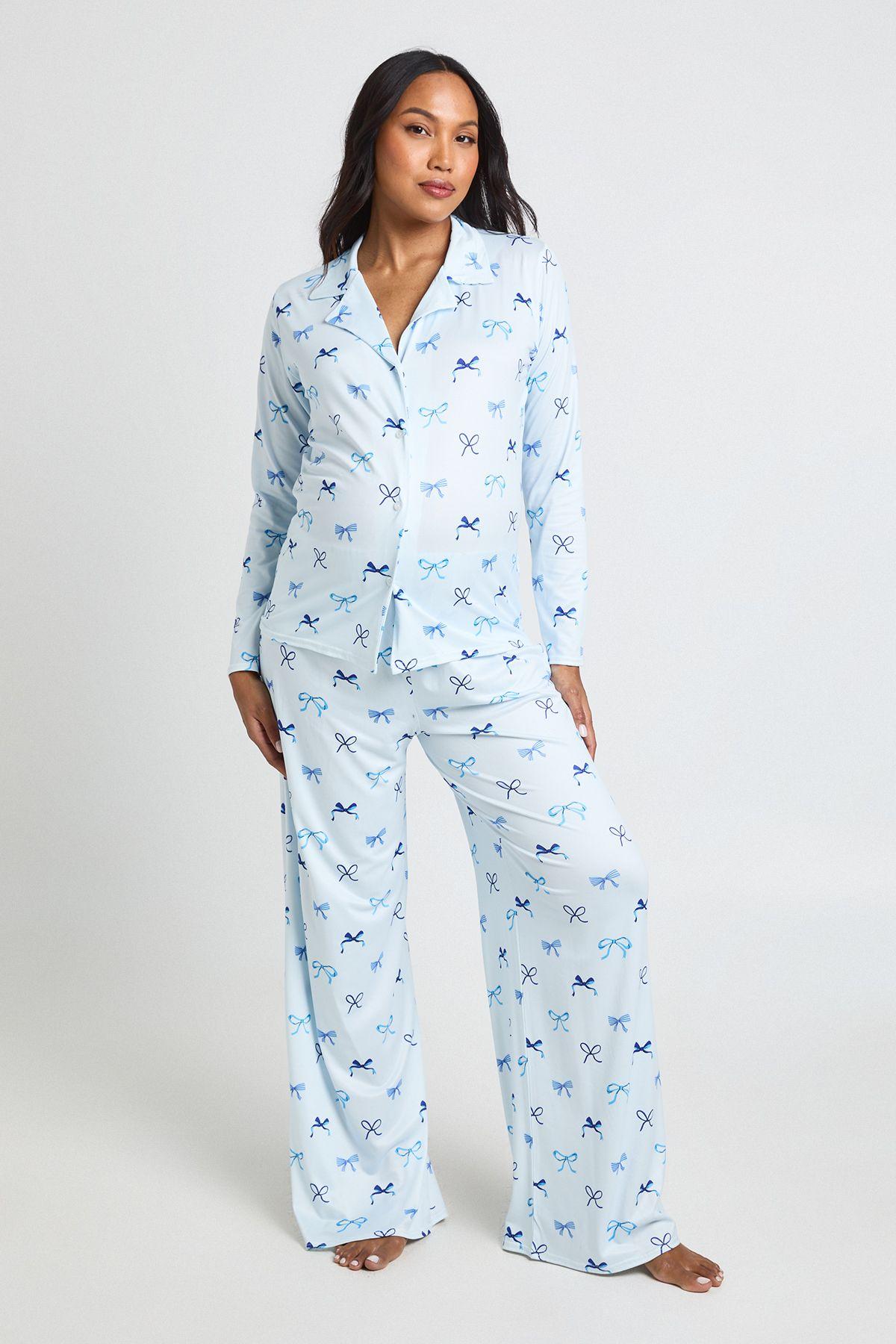 Maternity Bow Print Long Sleeve Shirt & Trouser Pyjama Set by BOOHOO