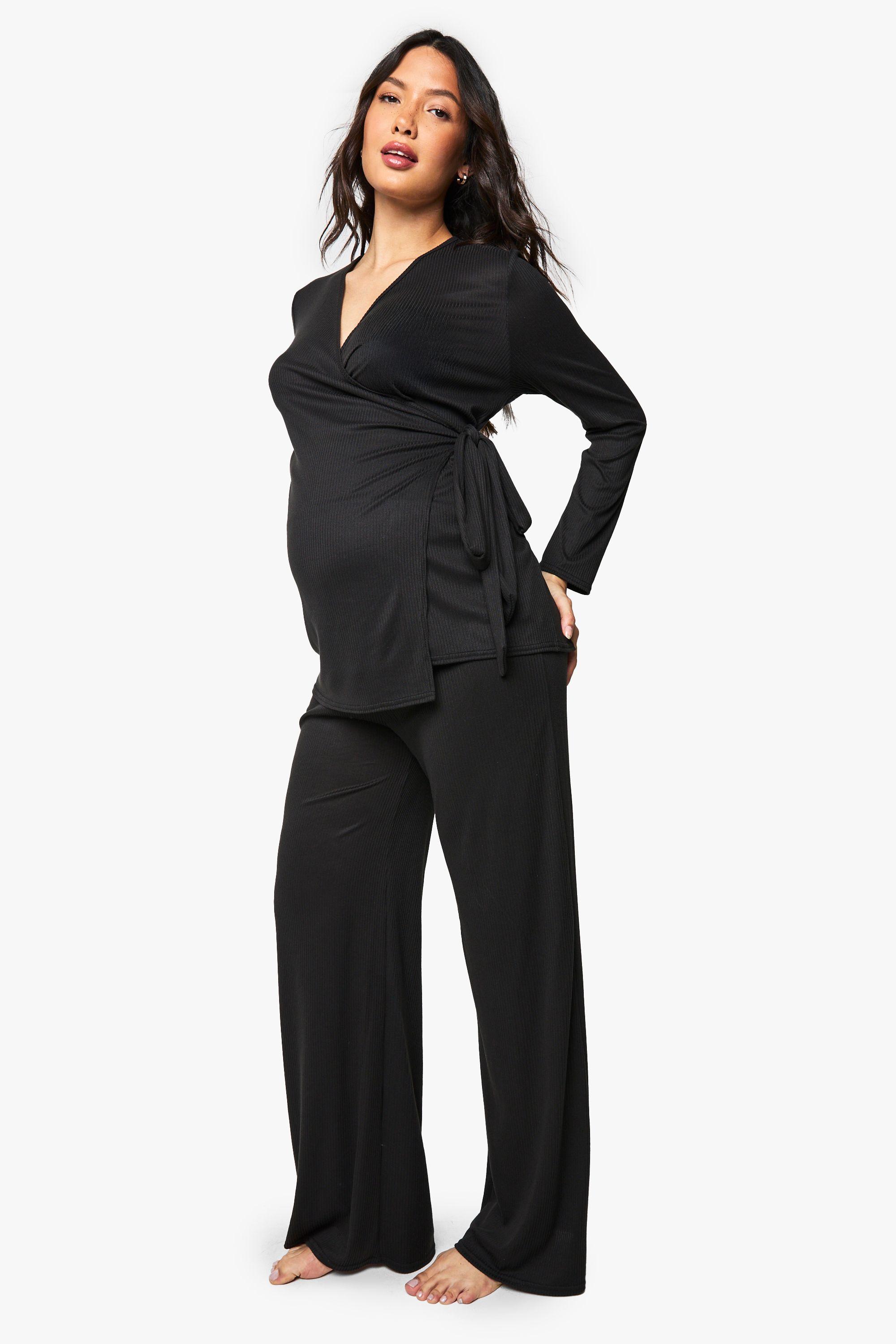 Maternity Brushed Rib Wrap Tie Top & Trouser Lounge Set by BOOHOO