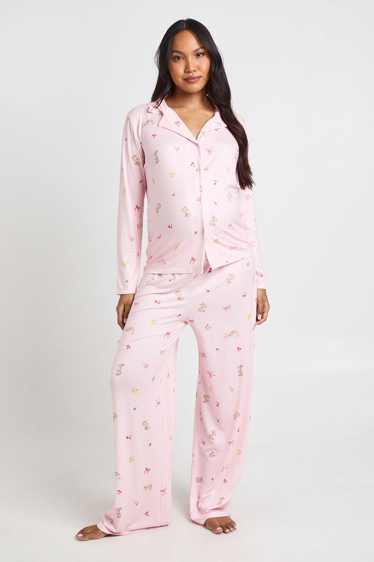 Maternity Bunny And Bow Print Long Sleeve Shirt & Trouser Pyjama Set by BOOHOO