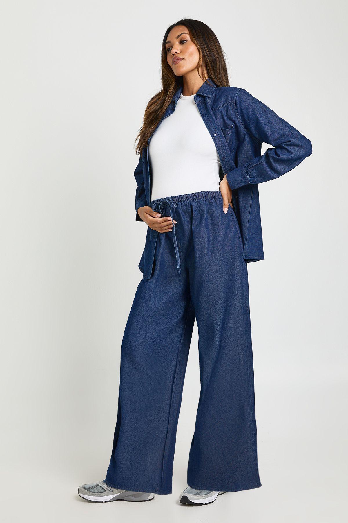 Maternity Chambray Drawstring Wide Leg Trouser by BOOHOO Maternity Chambray Drawstring Wide Leg Trouser by BOOHOO