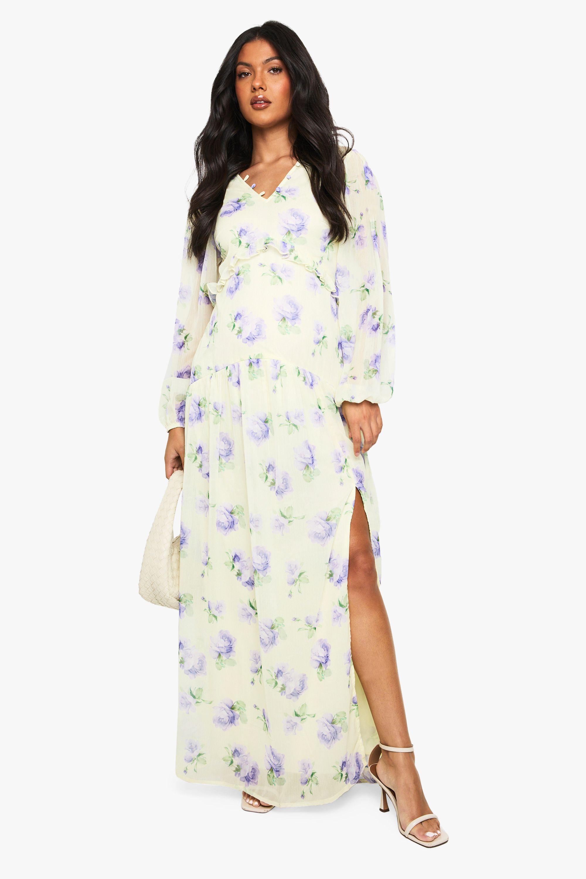 Maternity Chiffon Long Sleeve Pleated Waist Maxi Dress by BOOHOO