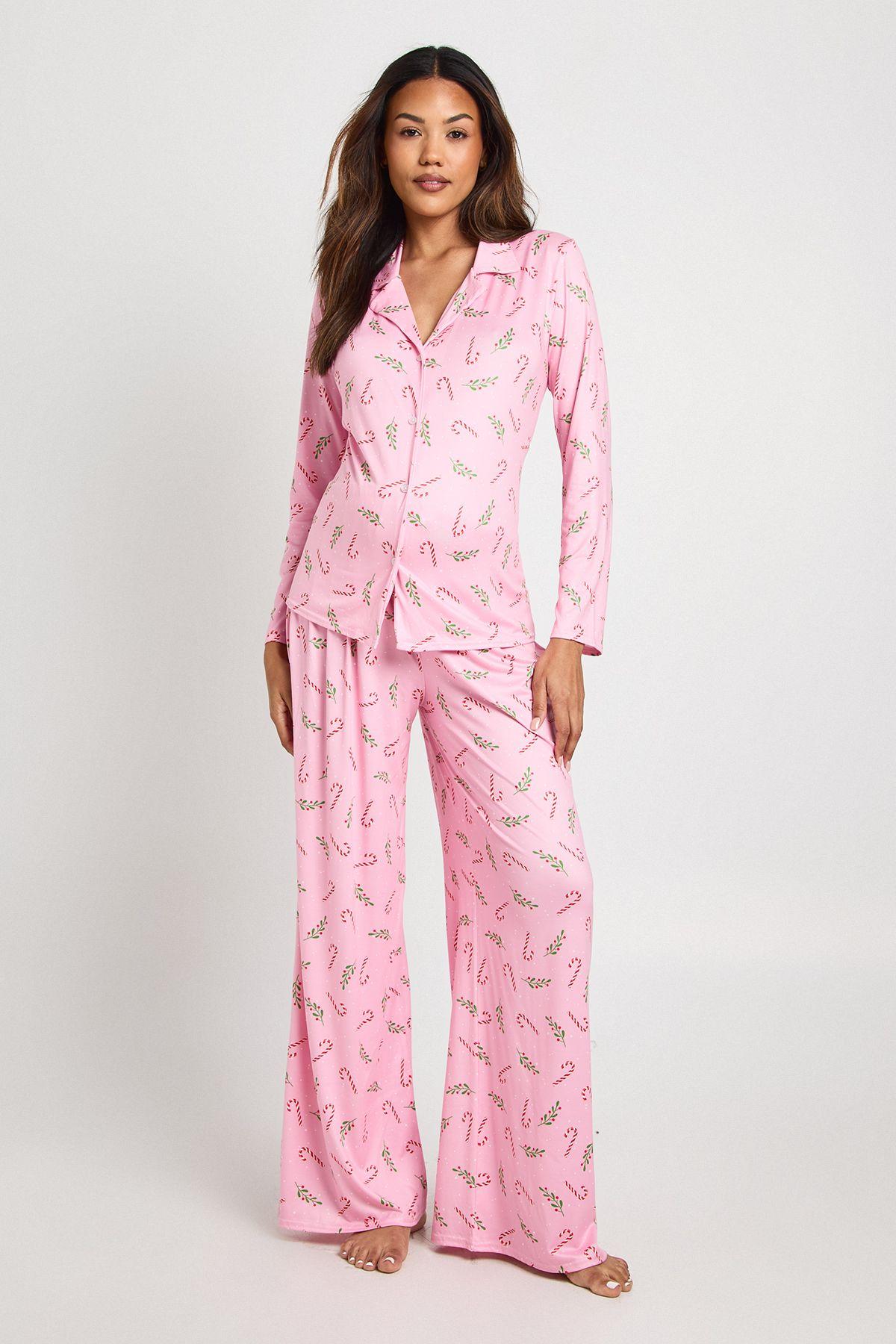Maternity Christmas Candy Cane Print Long Sleeve Shirt & Trousers Pyjama Set by BOOHOO