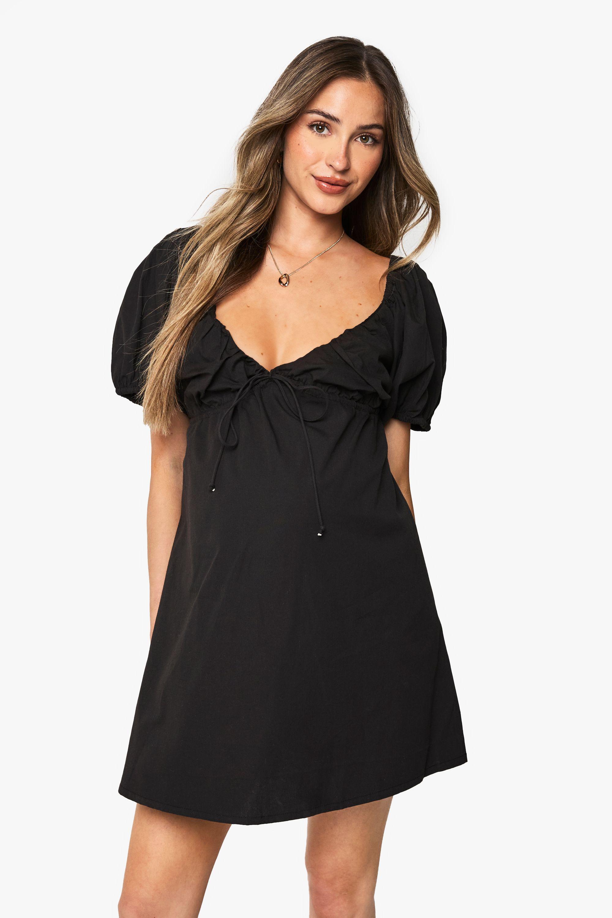 Maternity Cotton Tie Front Puff Sleeve Skater Dress by BOOHOO