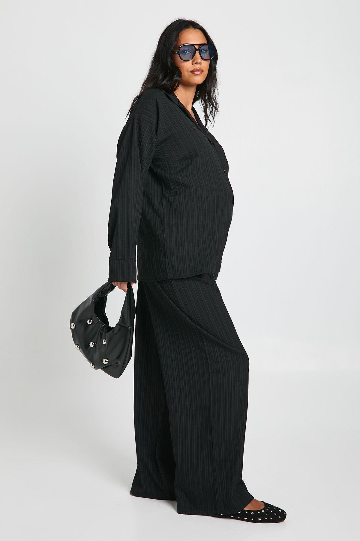 Maternity Crinkle Textured Elasticated Wide Leg Trouser by BOOHOO Maternity Crinkle Textured Elasticated Wide Leg Trouser by BOOHOO