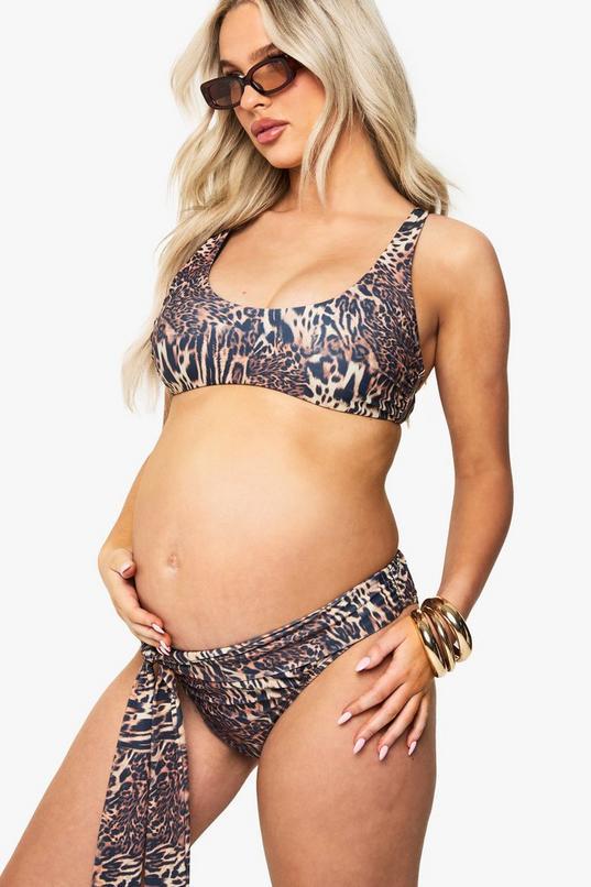 Maternity Leopard Scoop Neck High Waisted Tie Detail Bikini by BOOHOO