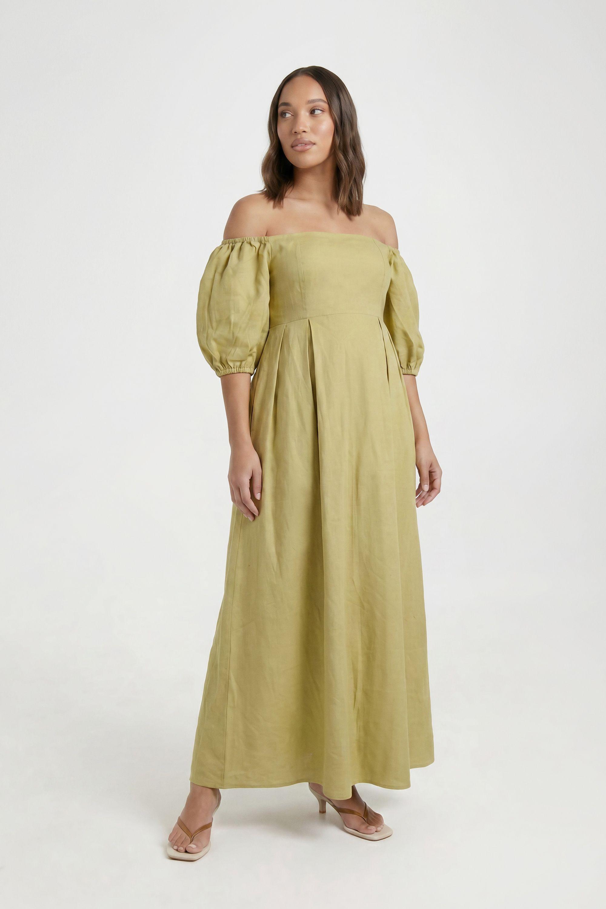 Maternity Linen Puff Sleeve Bardot Maxi Dress by BOOHOO