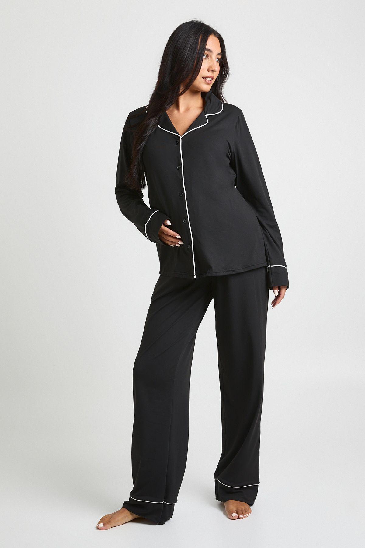 Maternity Piping Detail Long Sleeve Shirt & Trouser Pyjama Set by BOOHOO
