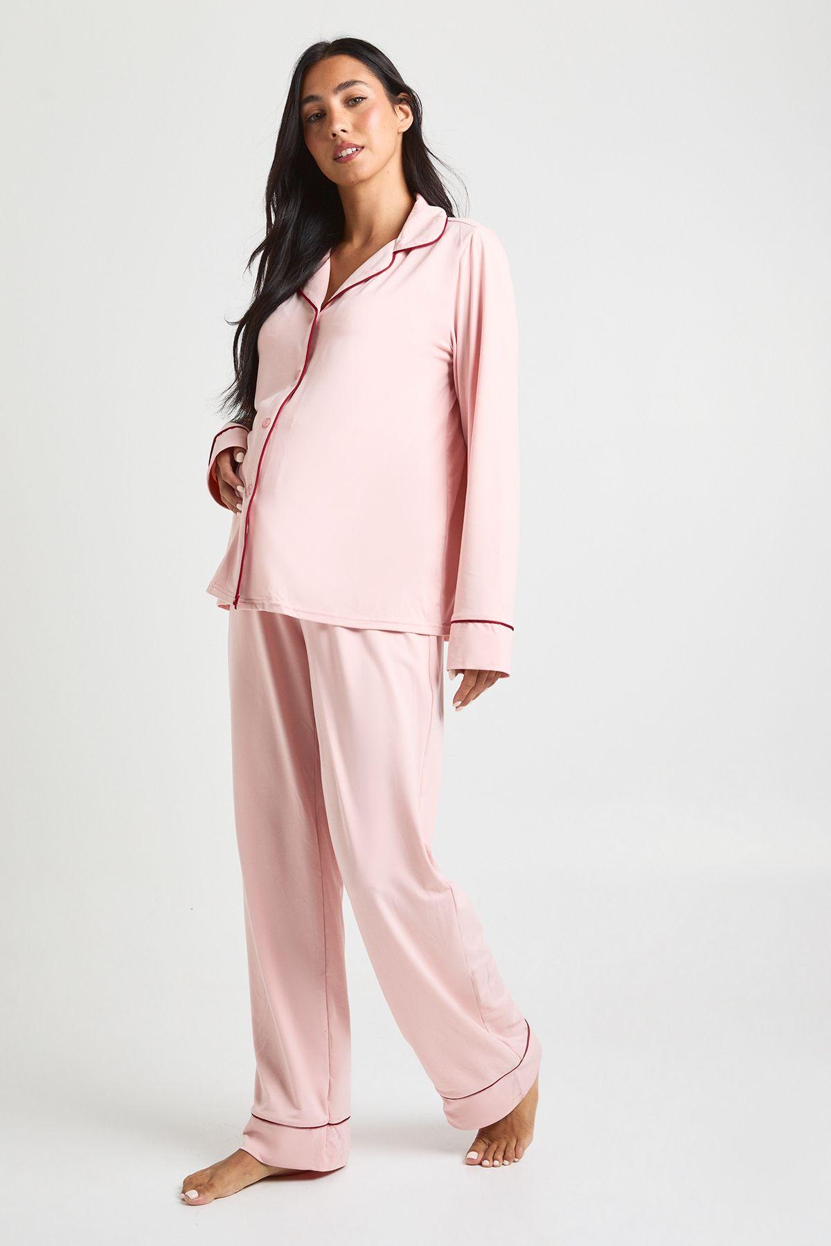 Maternity Piping Detail Long Sleeve Shirt & Trouser Pyjama Set by BOOHOO