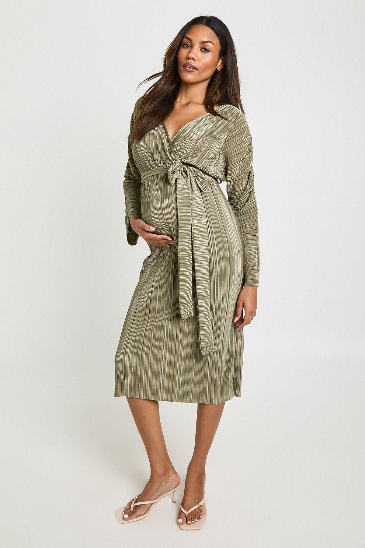 Maternity Plisse Belted Midi Dress by BOOHOO