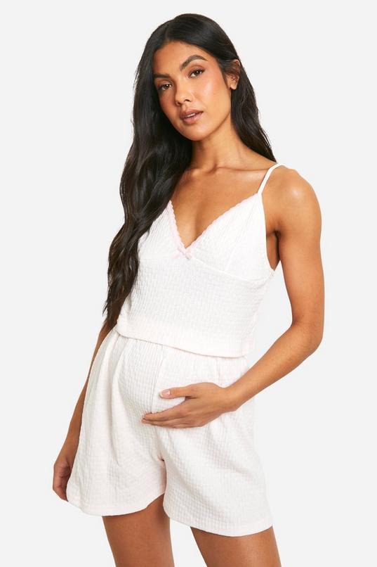 Maternity Pointelle Lace Trim Cami And Short Pyjama Set by BOOHOO Maternity Pointelle Lace Trim Cami And Short Pyjama Set by BOOHOO