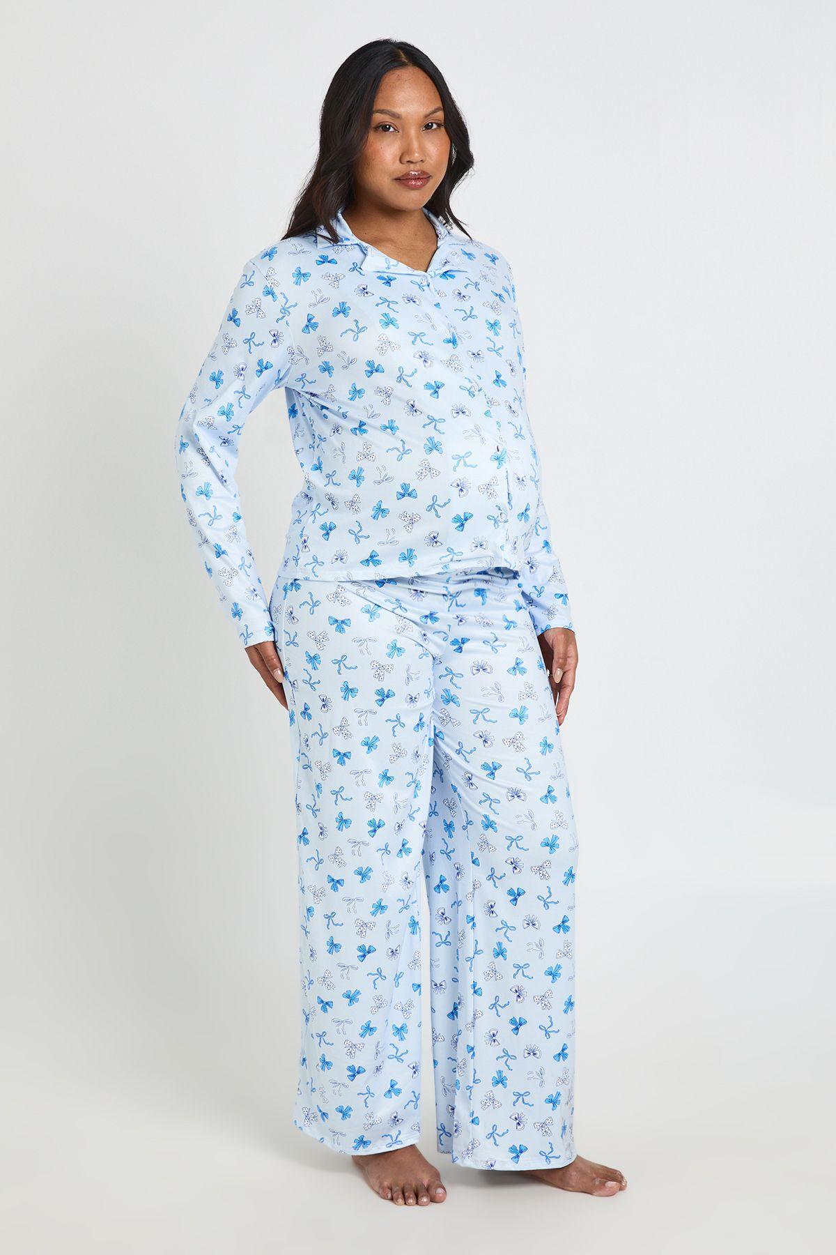 Maternity Polka Dot Bows Print Long Sleeve Shirt & Trouser Pyjama Set by BOOHOO