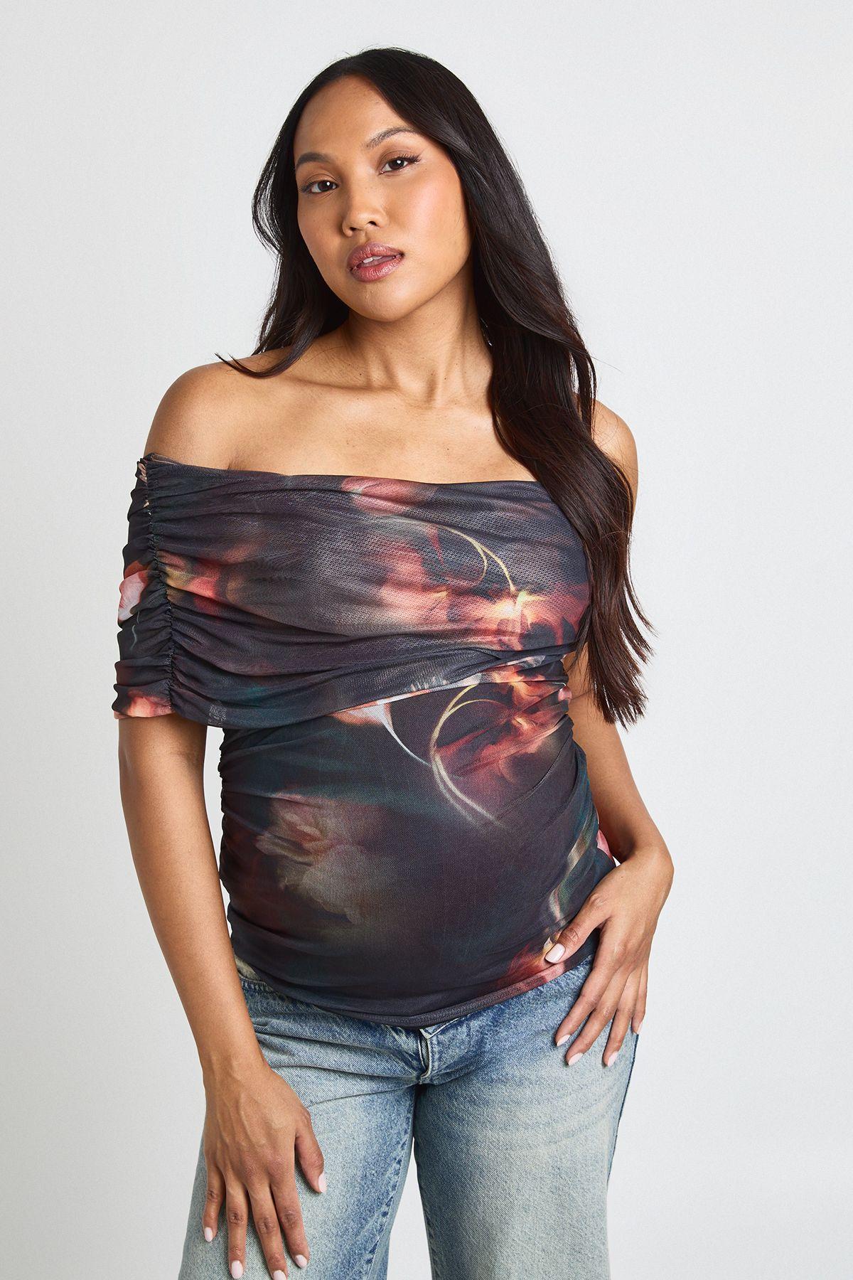 Maternity Printed Asymmetric Ruched Top by BOOHOO
