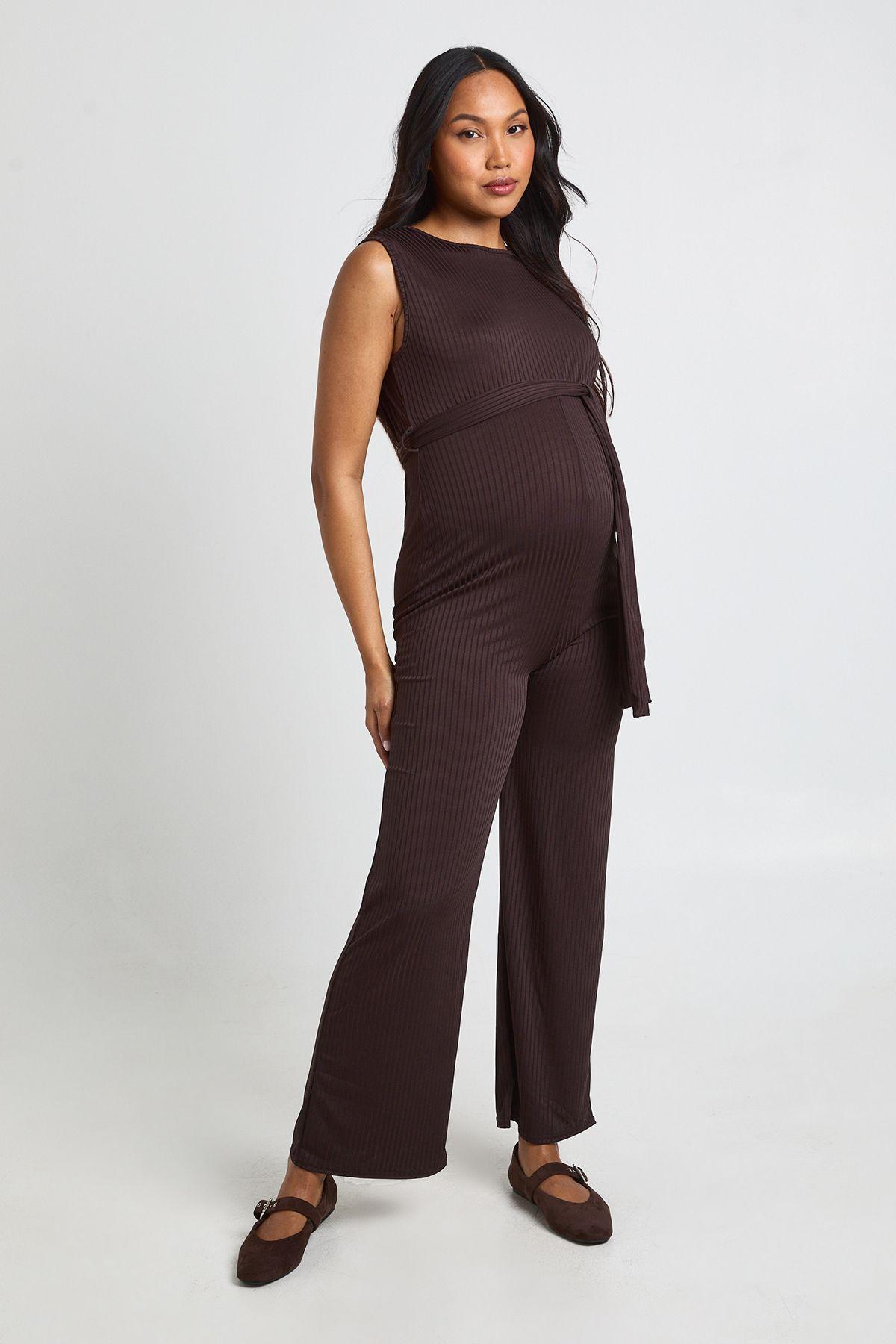 Maternity Rib Belted Sleeveless Lounge Jumpsuit by BOOHOO