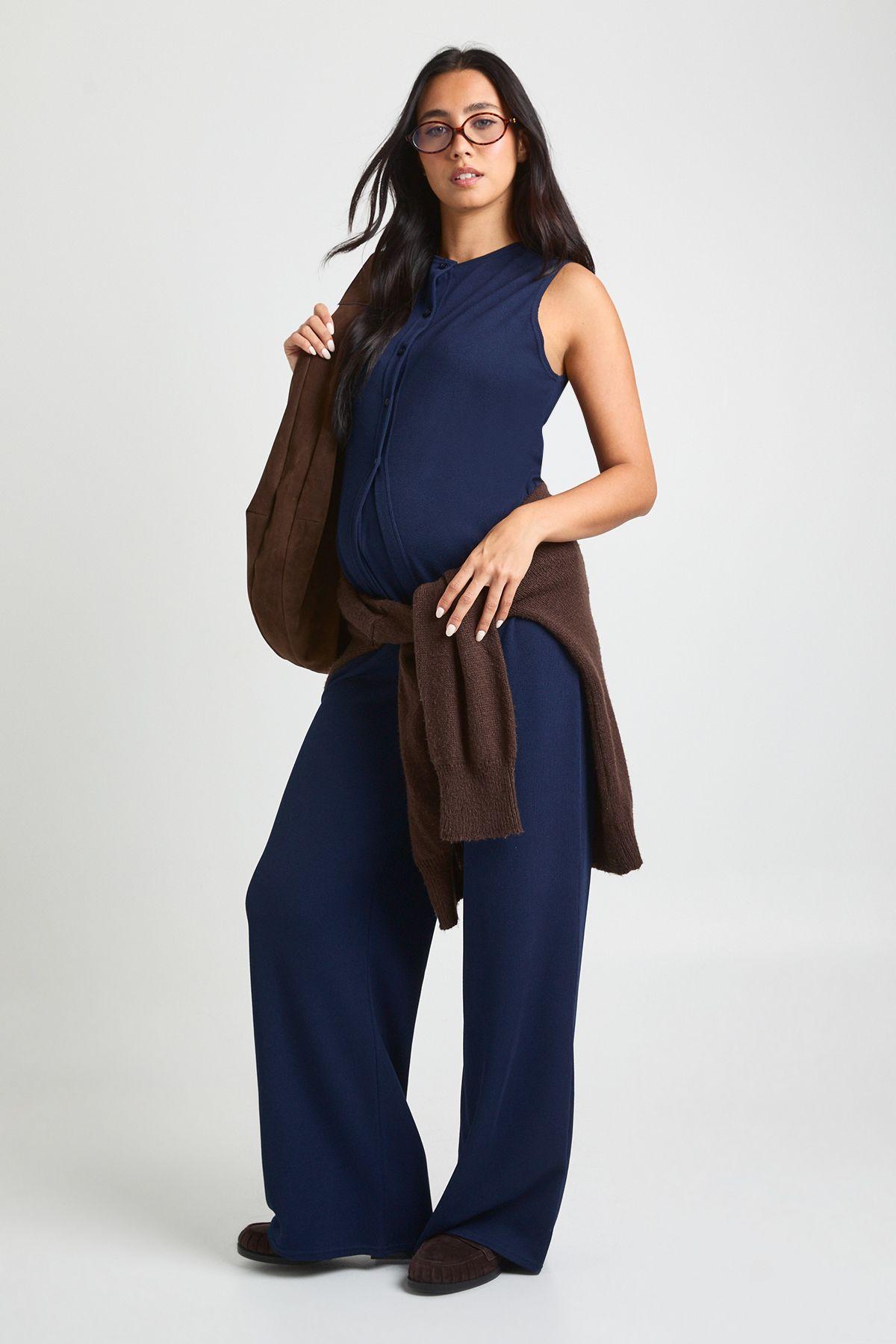 Maternity Rib Button Down Waist & Trouser Co Ord by BOOHOO