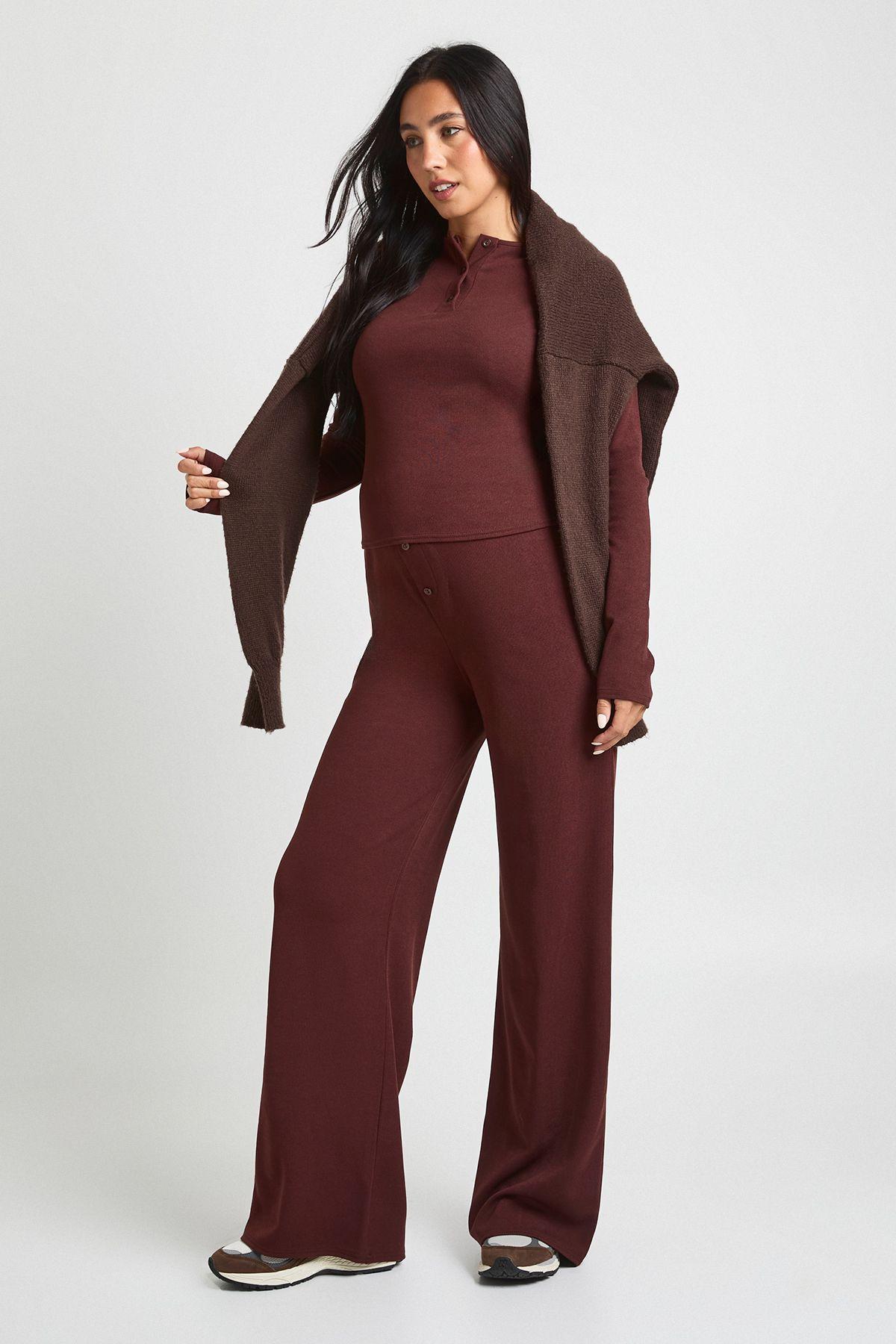 Maternity Ribbed Henley Button Down Long Sleeve Top And Straight Leg Trouser Co-ord by BOOHOO