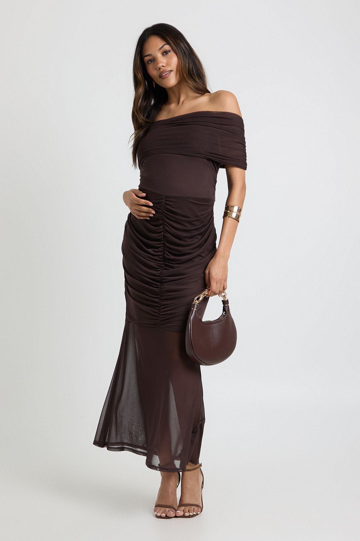 Maternity Ruched Bardot Mesh Hem Midaxi by BOOHOO