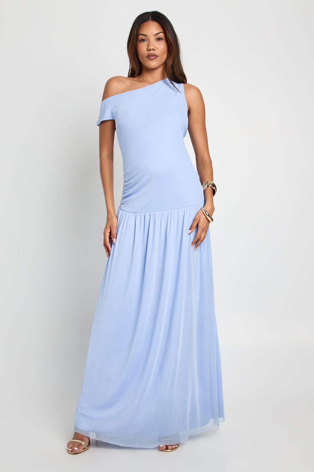Maternity Ruched Drop Hem Mesh Dress by BOOHOO