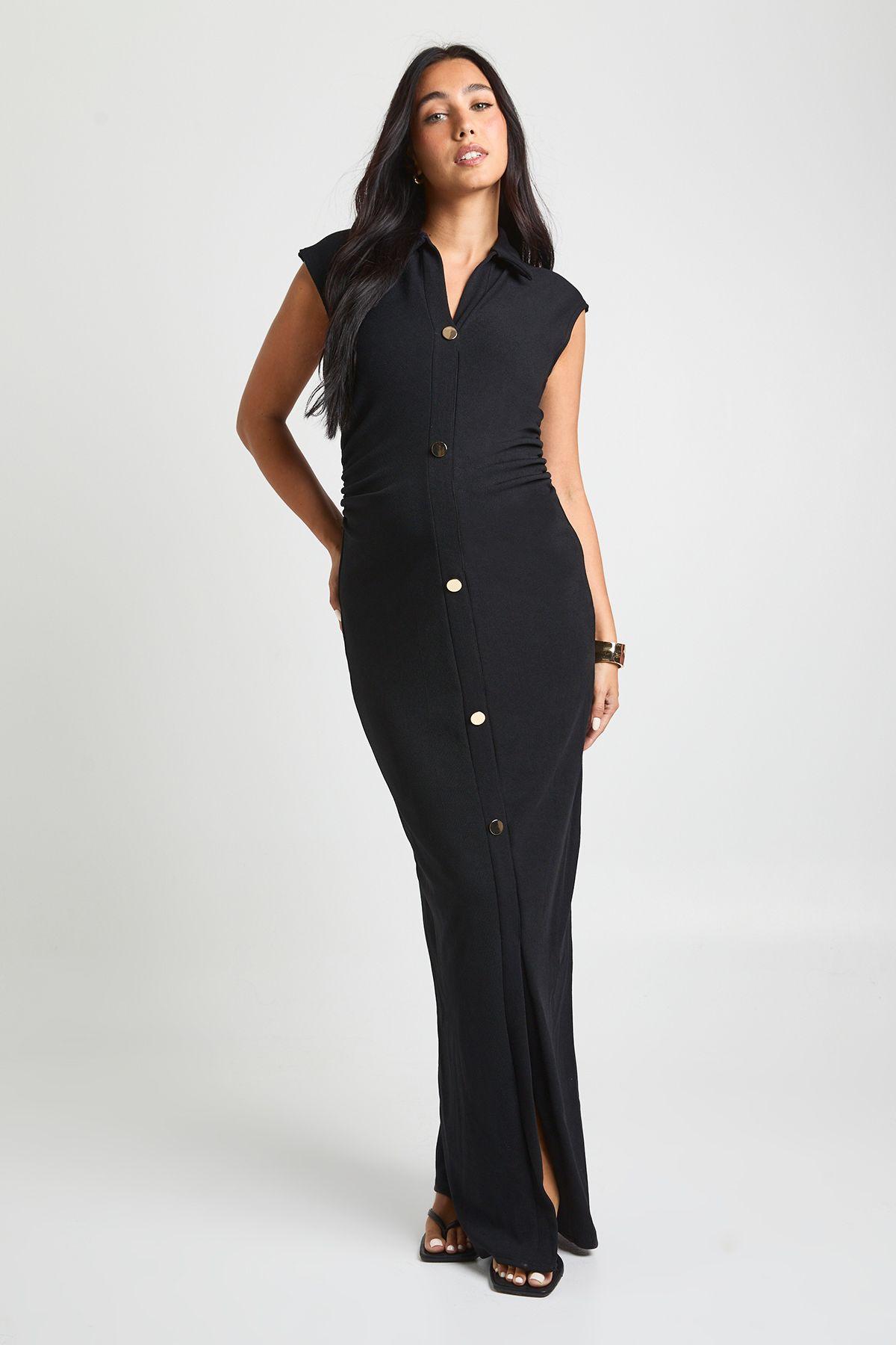 Maternity Ruched Side Gold Button Down Maxi Dress by BOOHOO